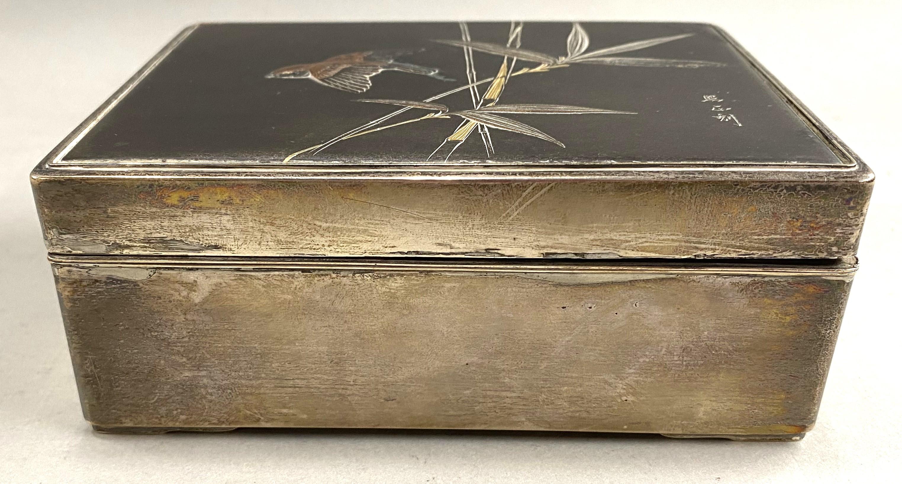 19th Century  Japanese Meiji Silver & Mixed Metal Cigarette Box  For Sale
