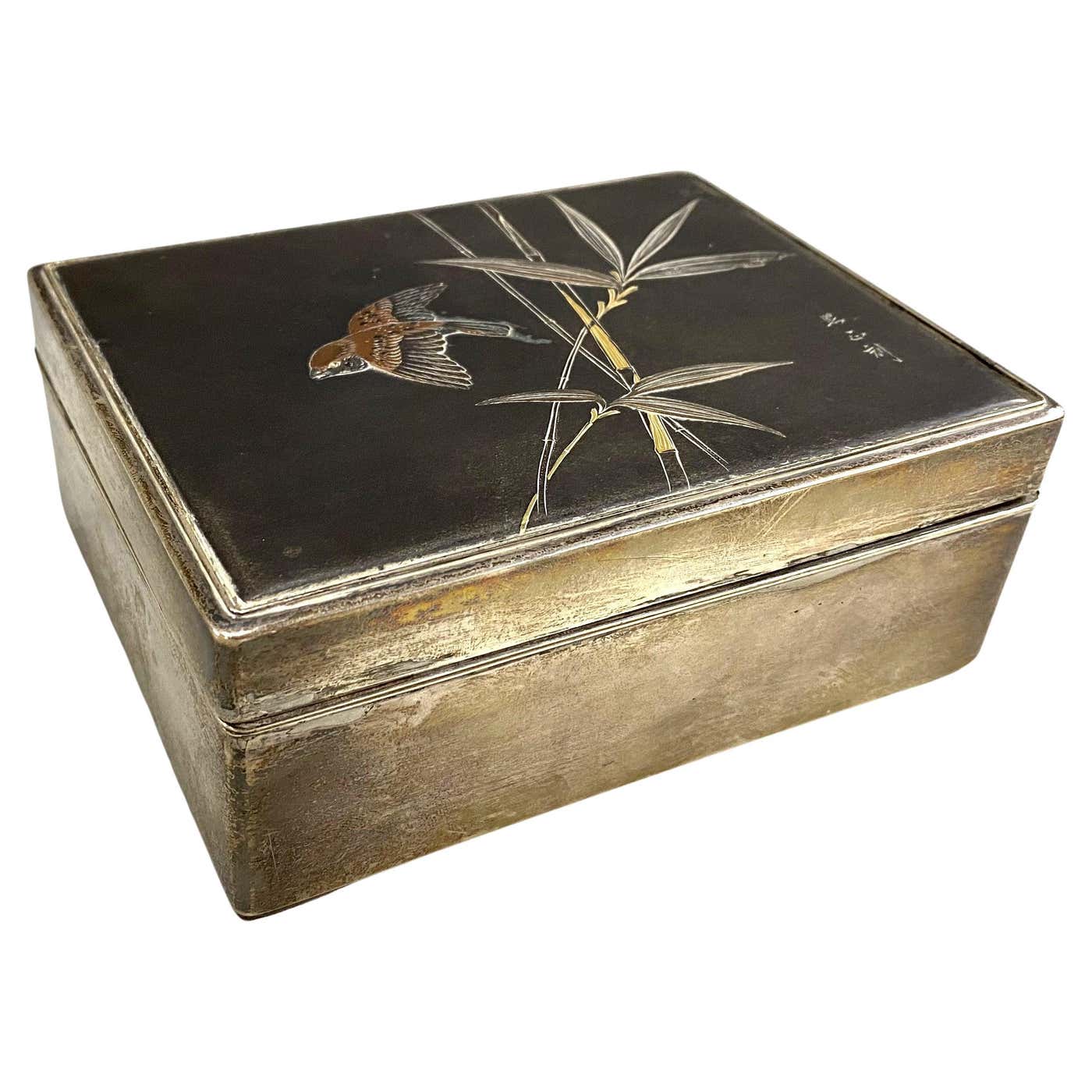 Japanese Meiji Silver and Mixed Metal Cigarette Box For Sale at 1stDibs