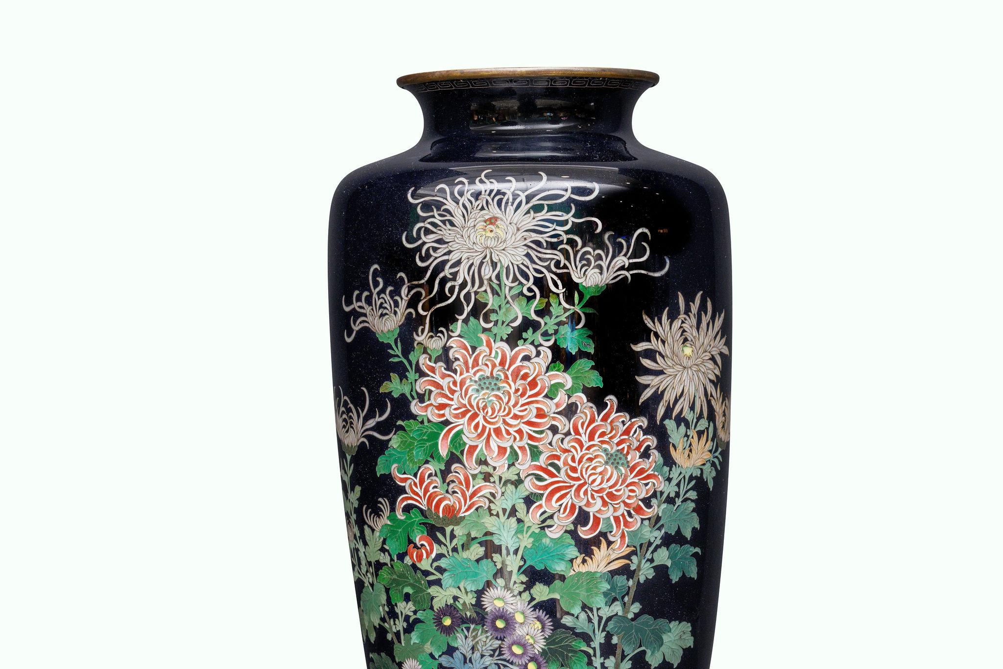 19th Century Japanese Meiji Silver-Wire Cloisonné Enamel Vase with Chrysanthemums, Inaba Co. For Sale