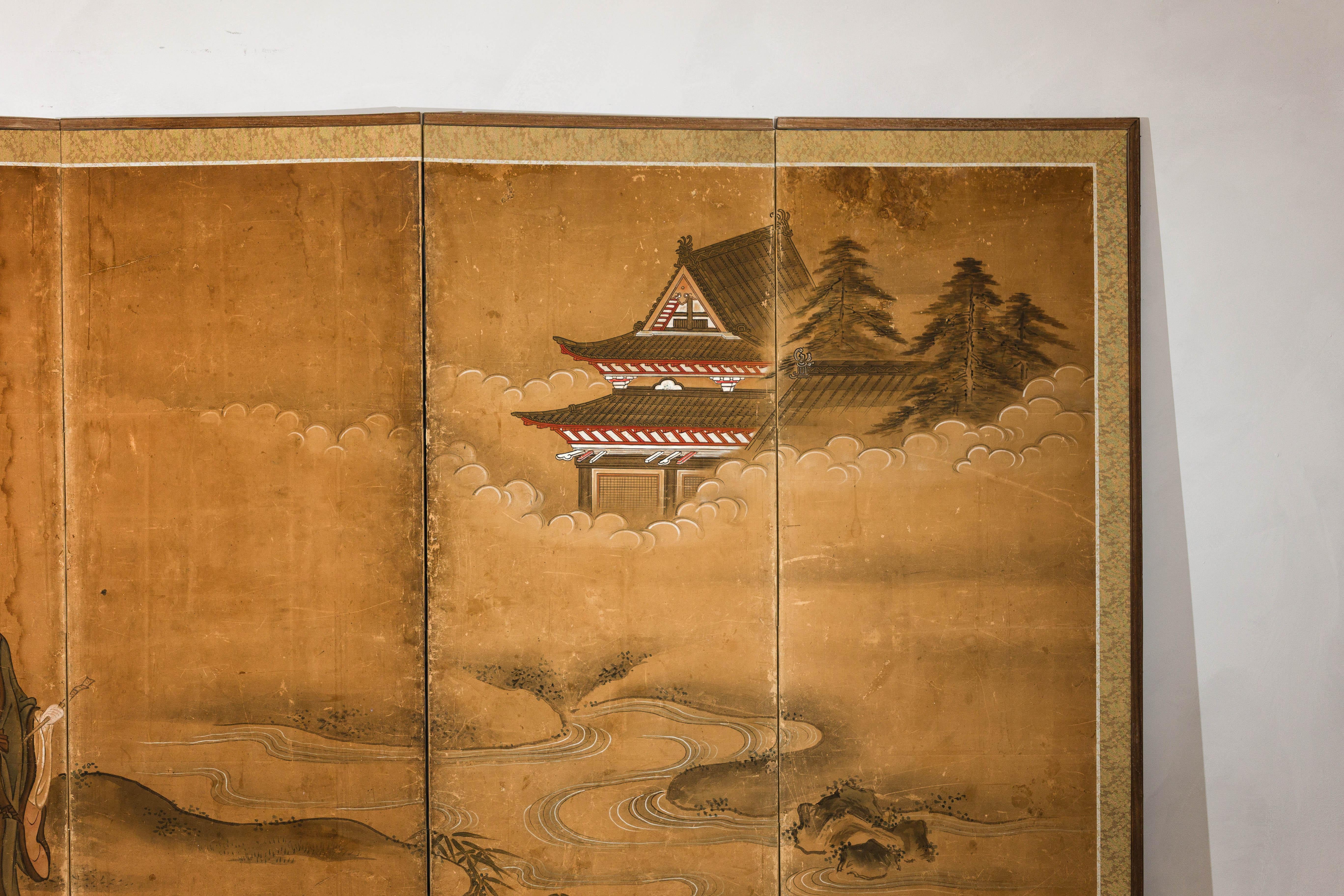 Paravento giapponese Meiji a sei pannelli con paesaggio cortese e padiglione in vendita 3
