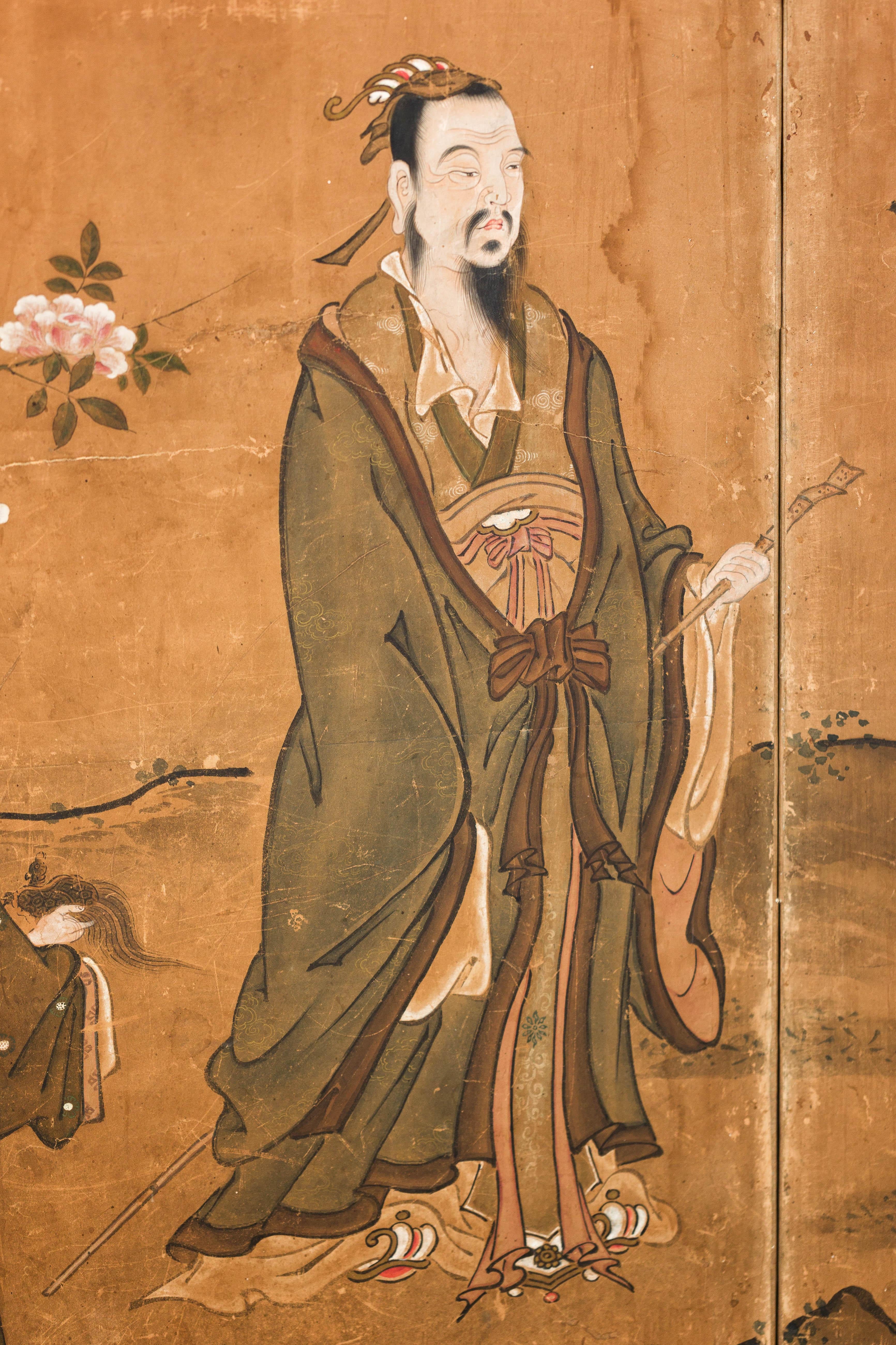 Paravento giapponese Meiji a sei pannelli con paesaggio cortese e padiglione in vendita 6