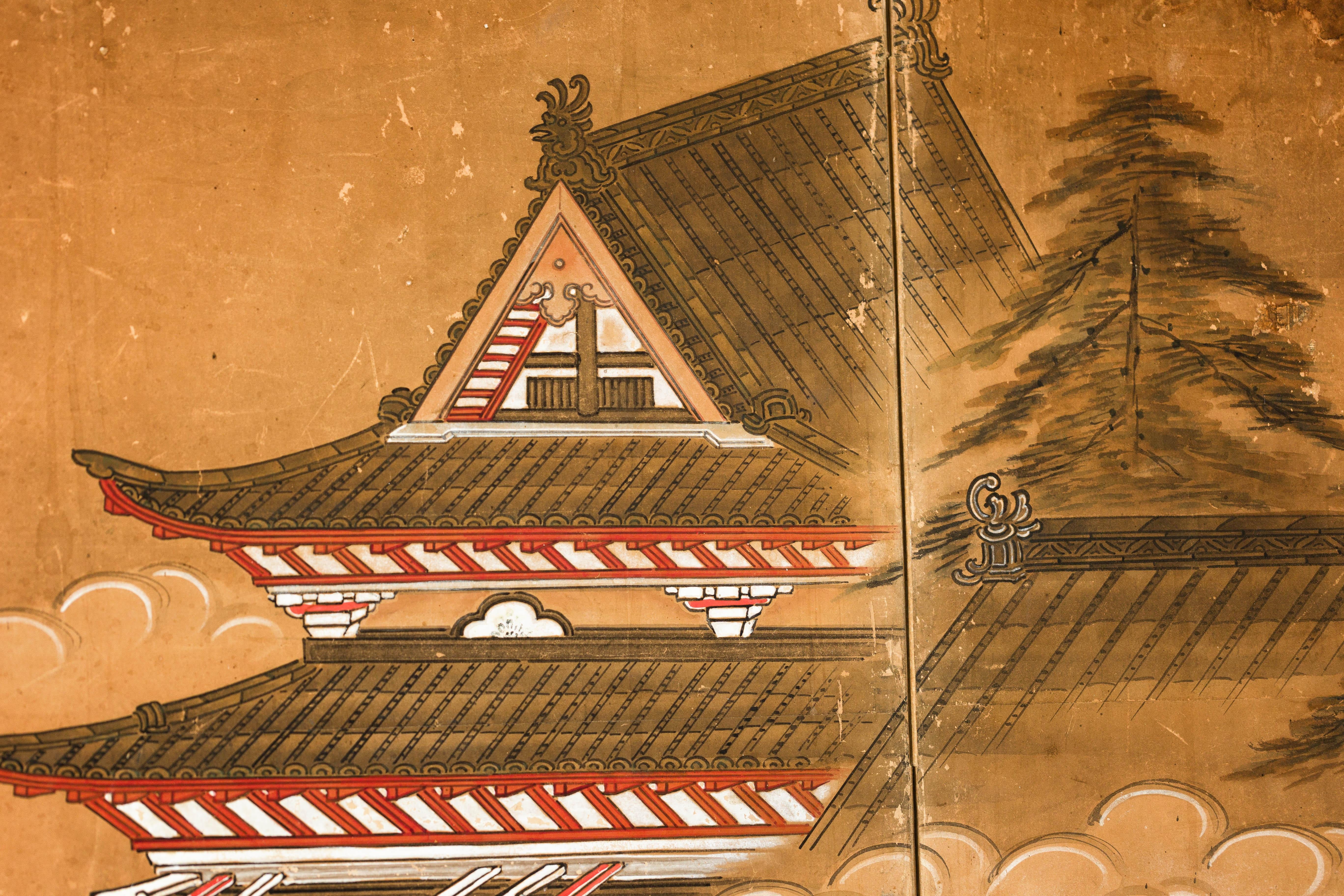 Paravento giapponese Meiji a sei pannelli con paesaggio cortese e padiglione in vendita 7