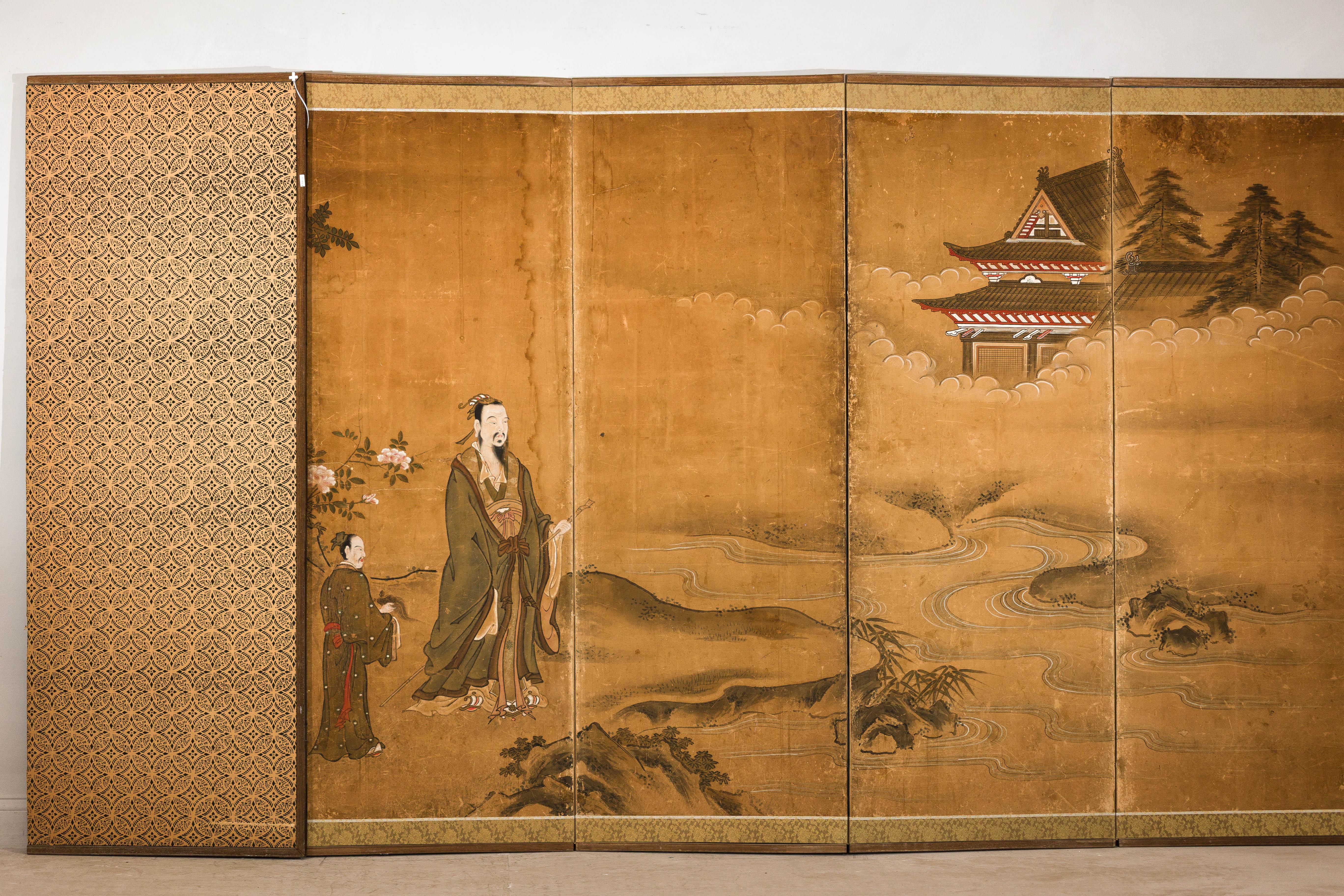 Paravento giapponese Meiji a sei pannelli con paesaggio cortese e padiglione in vendita 11