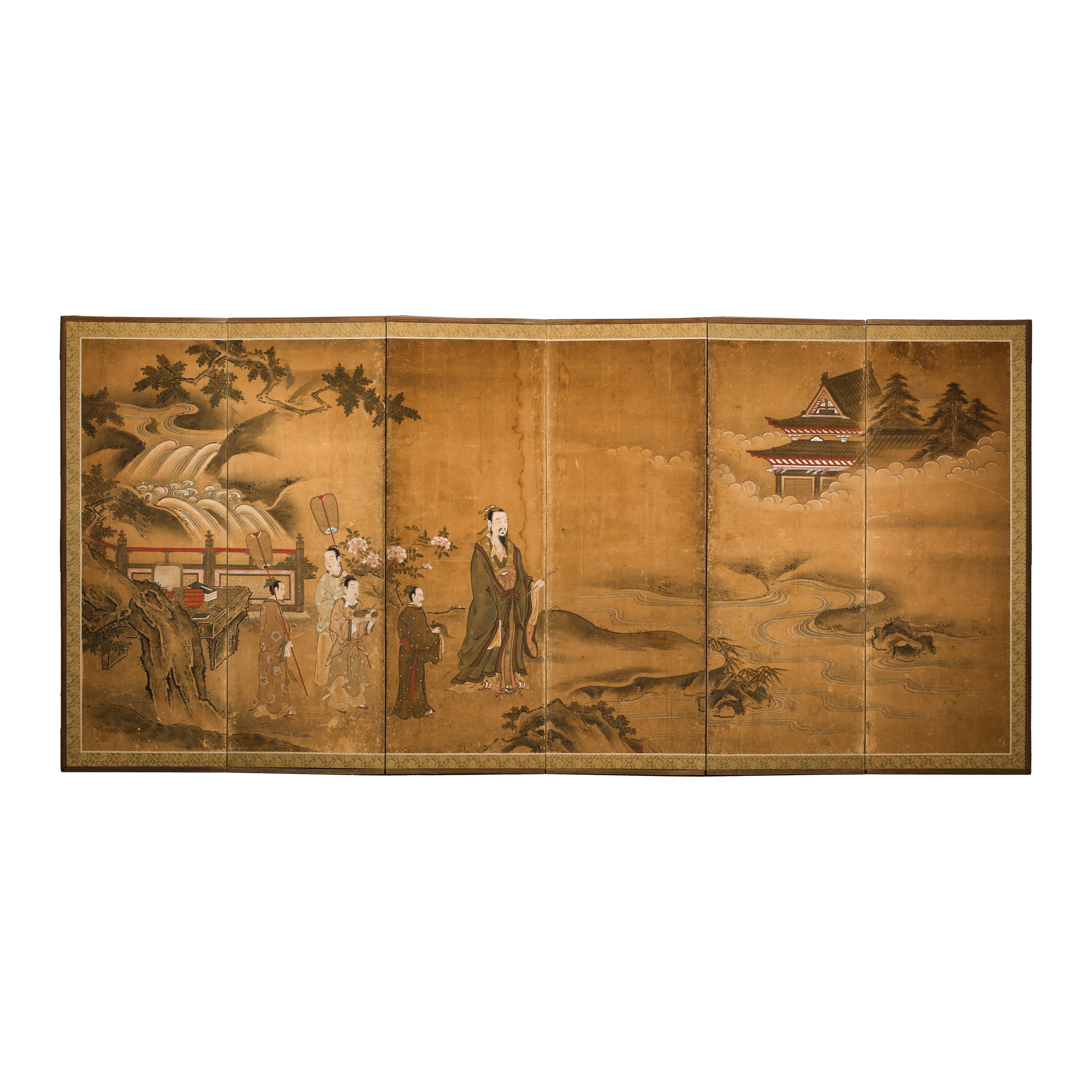 Paravento giapponese Meiji a sei pannelli con paesaggio cortese e padiglione in vendita 12