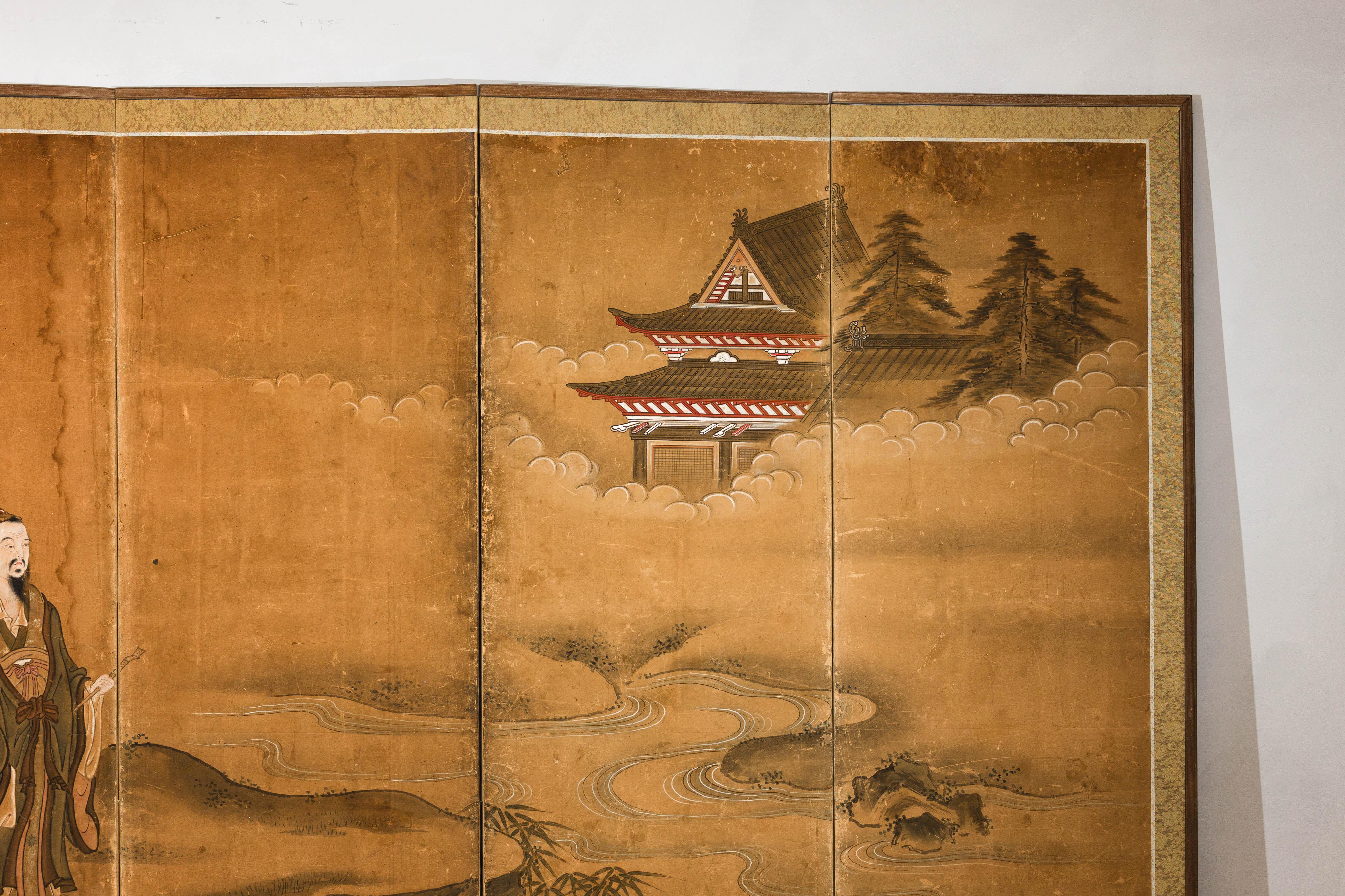 Seta Paravento giapponese Meiji a sei pannelli con paesaggio cortese e padiglione in vendita