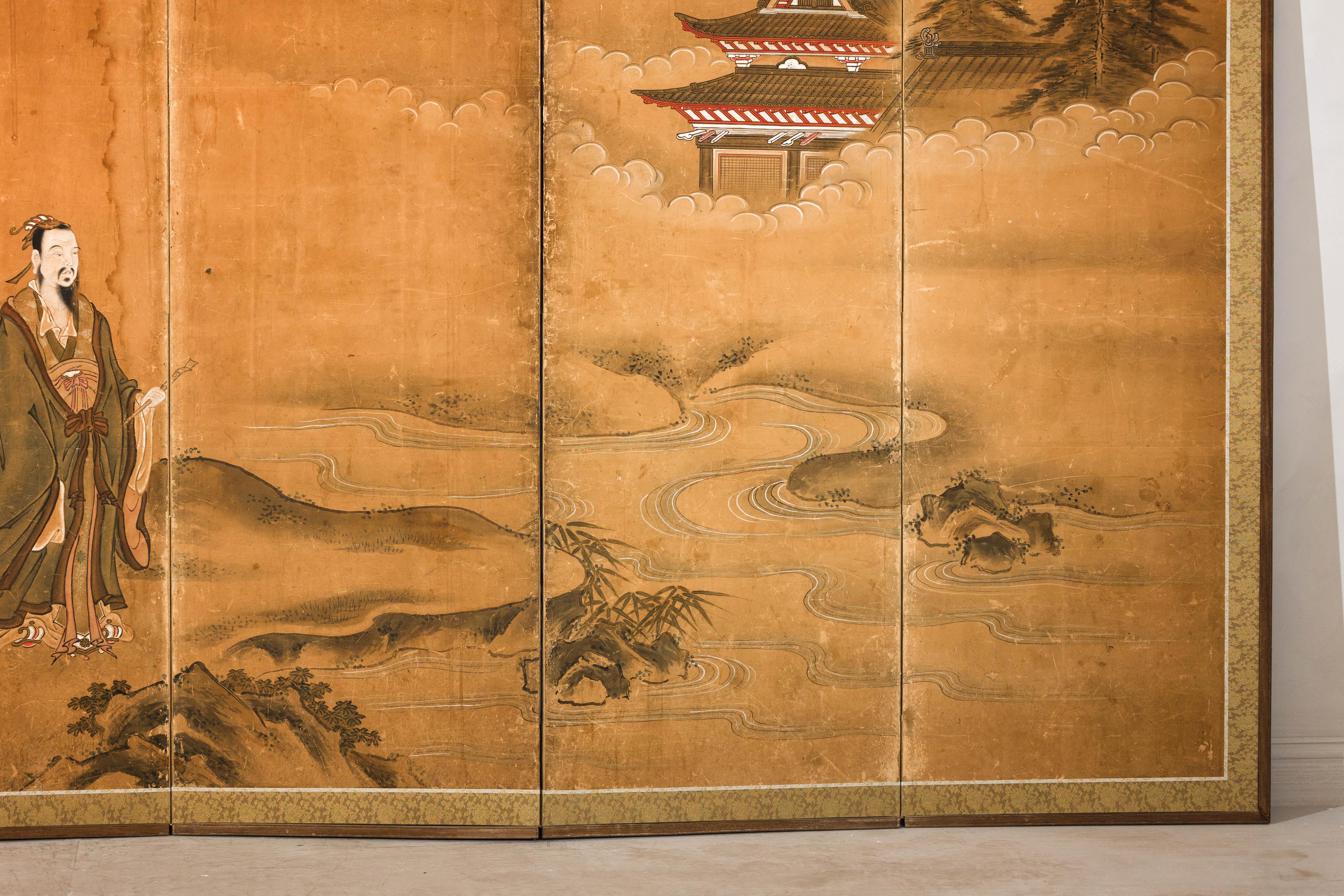 Paravento giapponese Meiji a sei pannelli con paesaggio cortese e padiglione in vendita 1