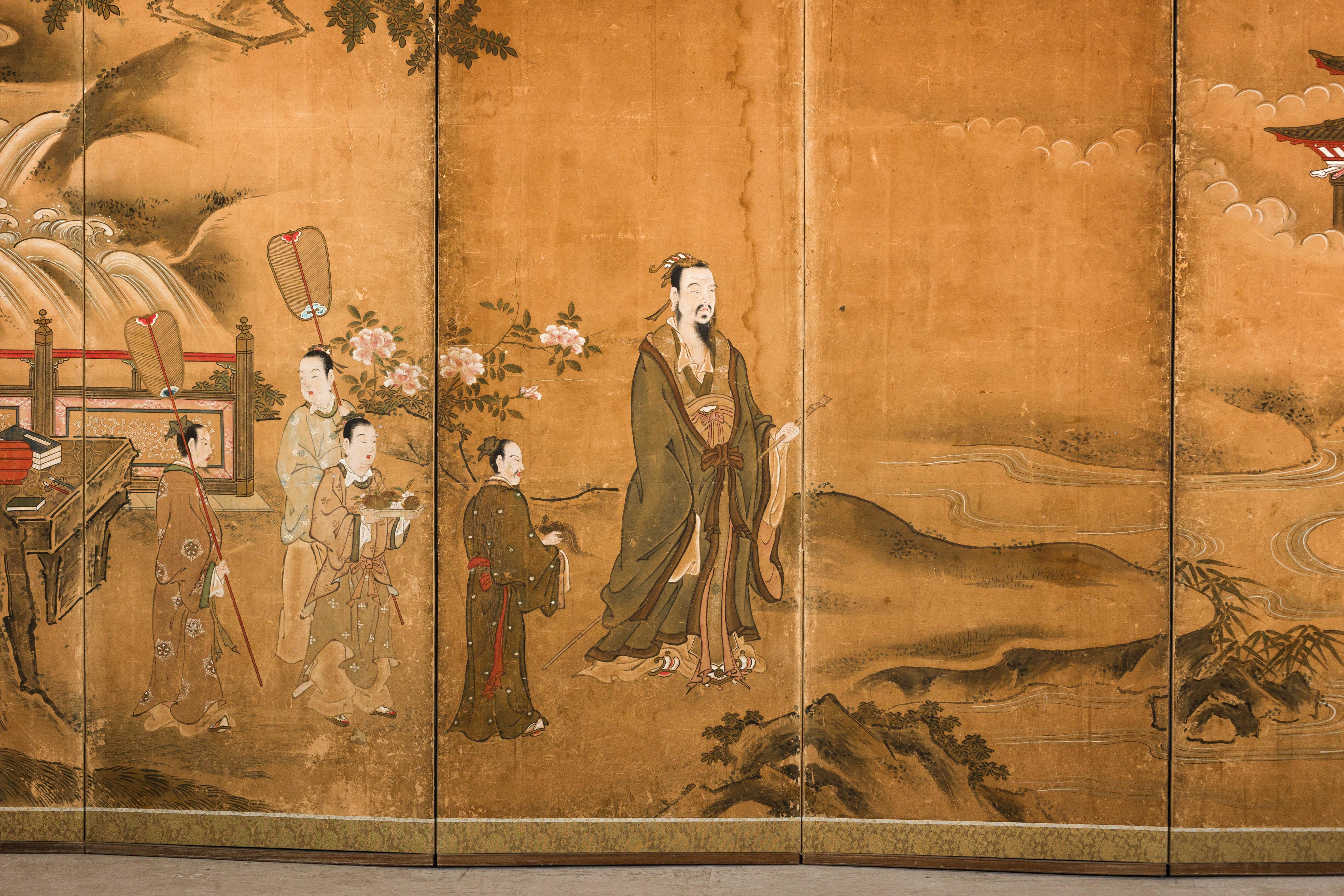 Paravento giapponese Meiji a sei pannelli con paesaggio cortese e padiglione in vendita 2