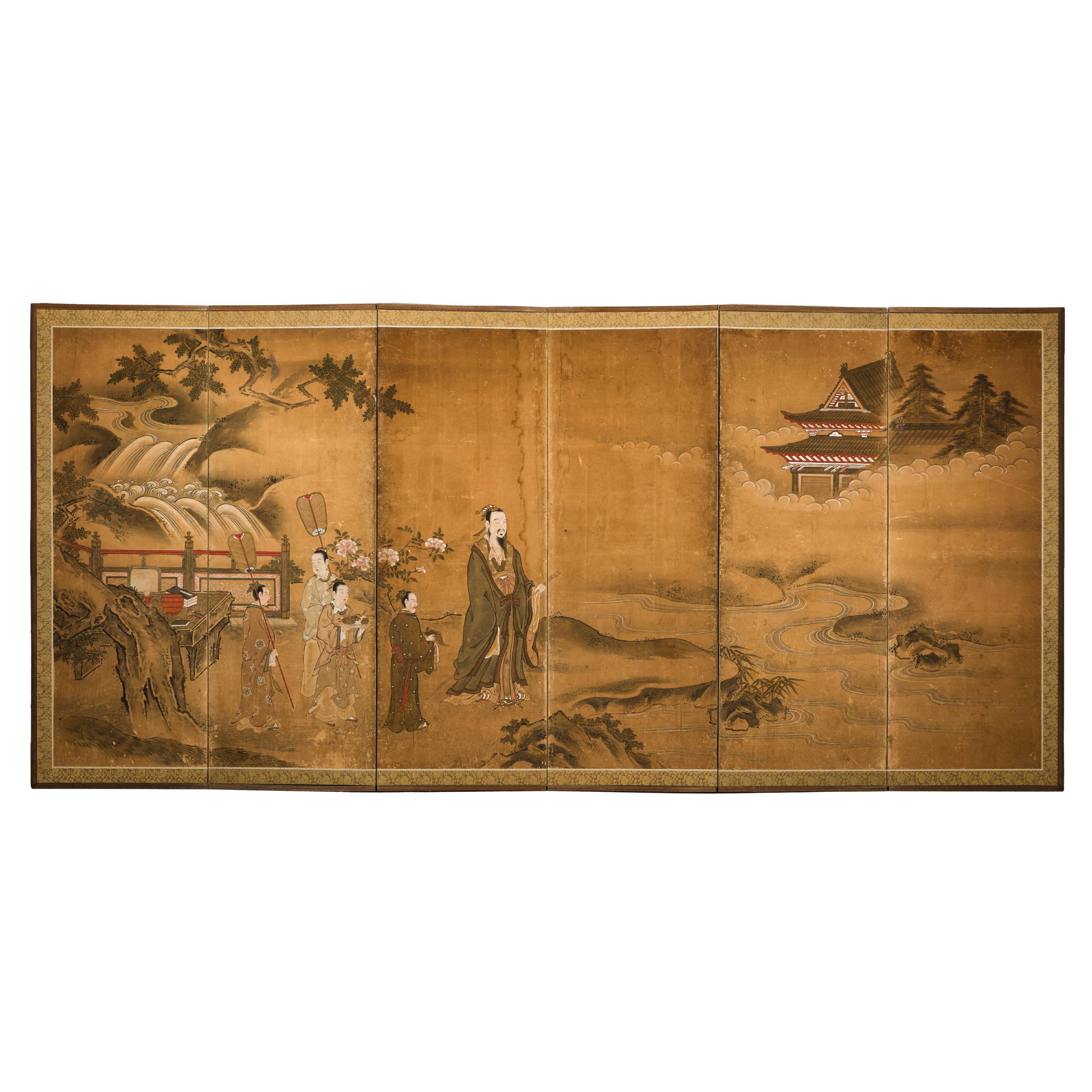 Japanese Meiji Six-Panel Folding Screen with Courtly Landscape and Pavilion