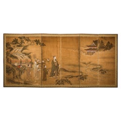 Japanese Meiji Six-Panel Folding Screen with Courtly Landscape and Pavilion