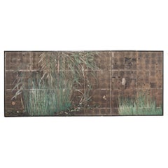 Japanese Meiji Six Panel Screen Bamboo Lily Pond