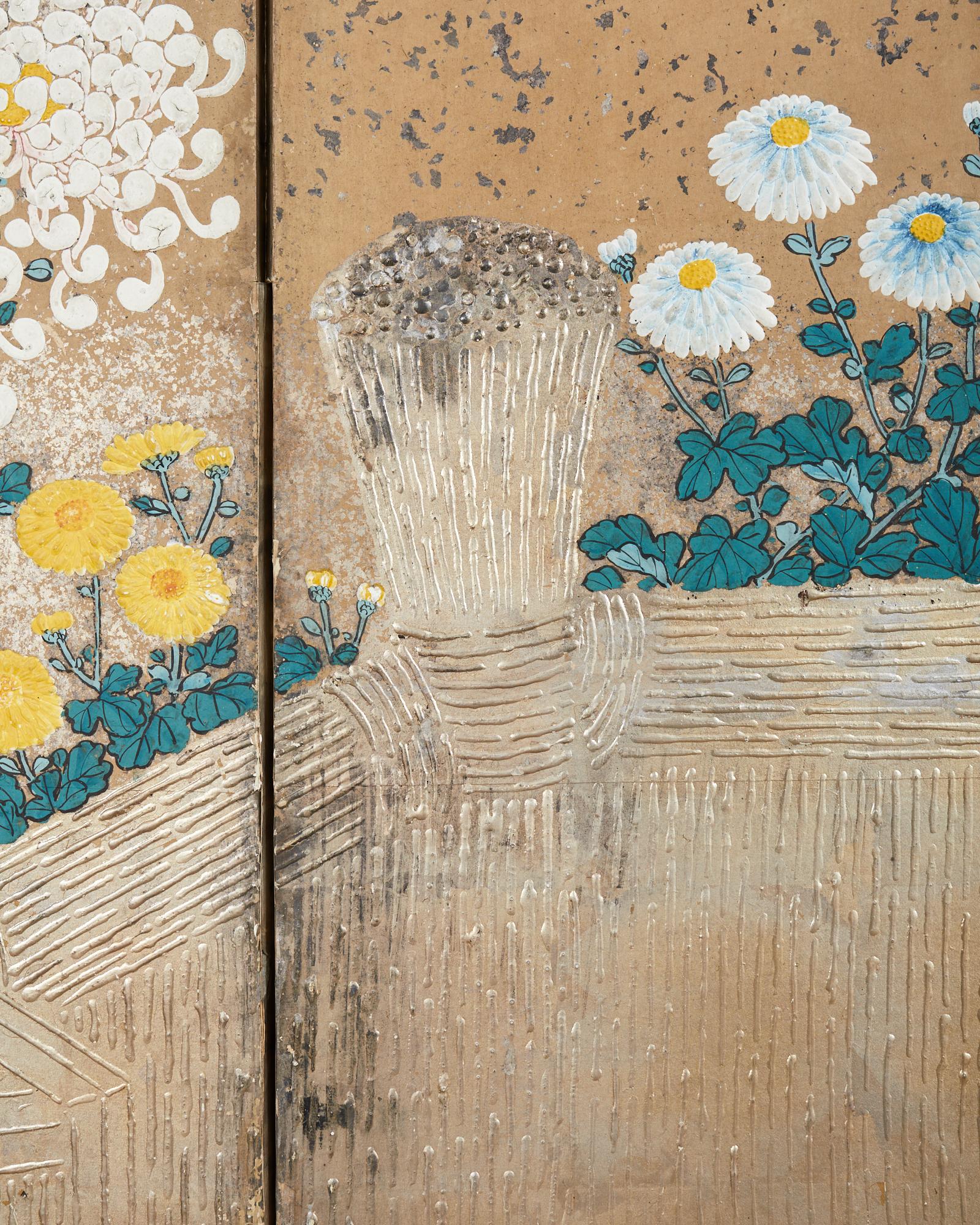 Japanese Meiji Six Panel Screen Brushwood Gate with Chrysanthemums For Sale 4