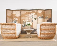 Japanese Meiji Six Panel Screen Brushwood Gate with Chrysanthemums