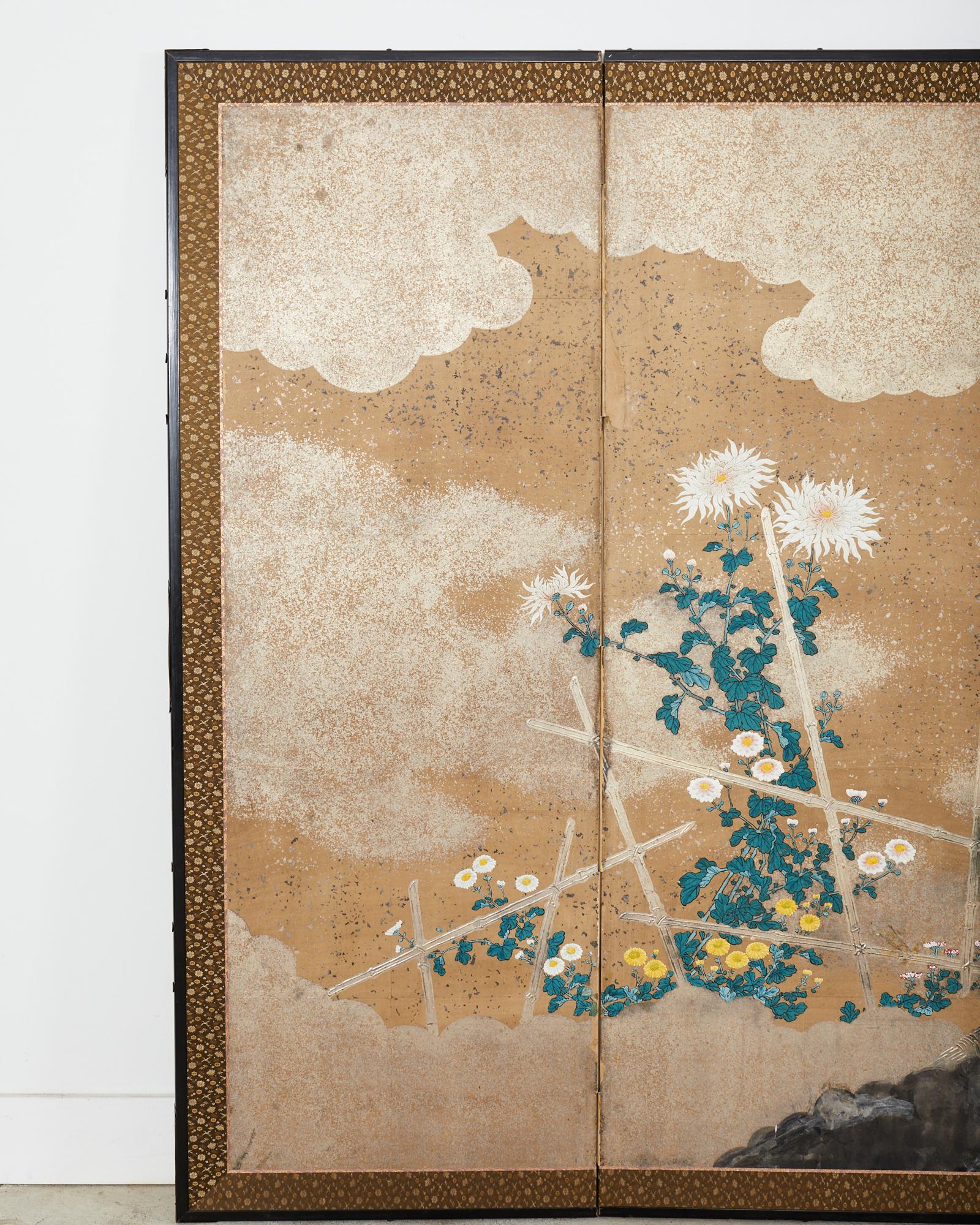 Hand-Crafted Japanese Meiji Six Panel Screen Brushwood Gate with Chrysanthemums For Sale