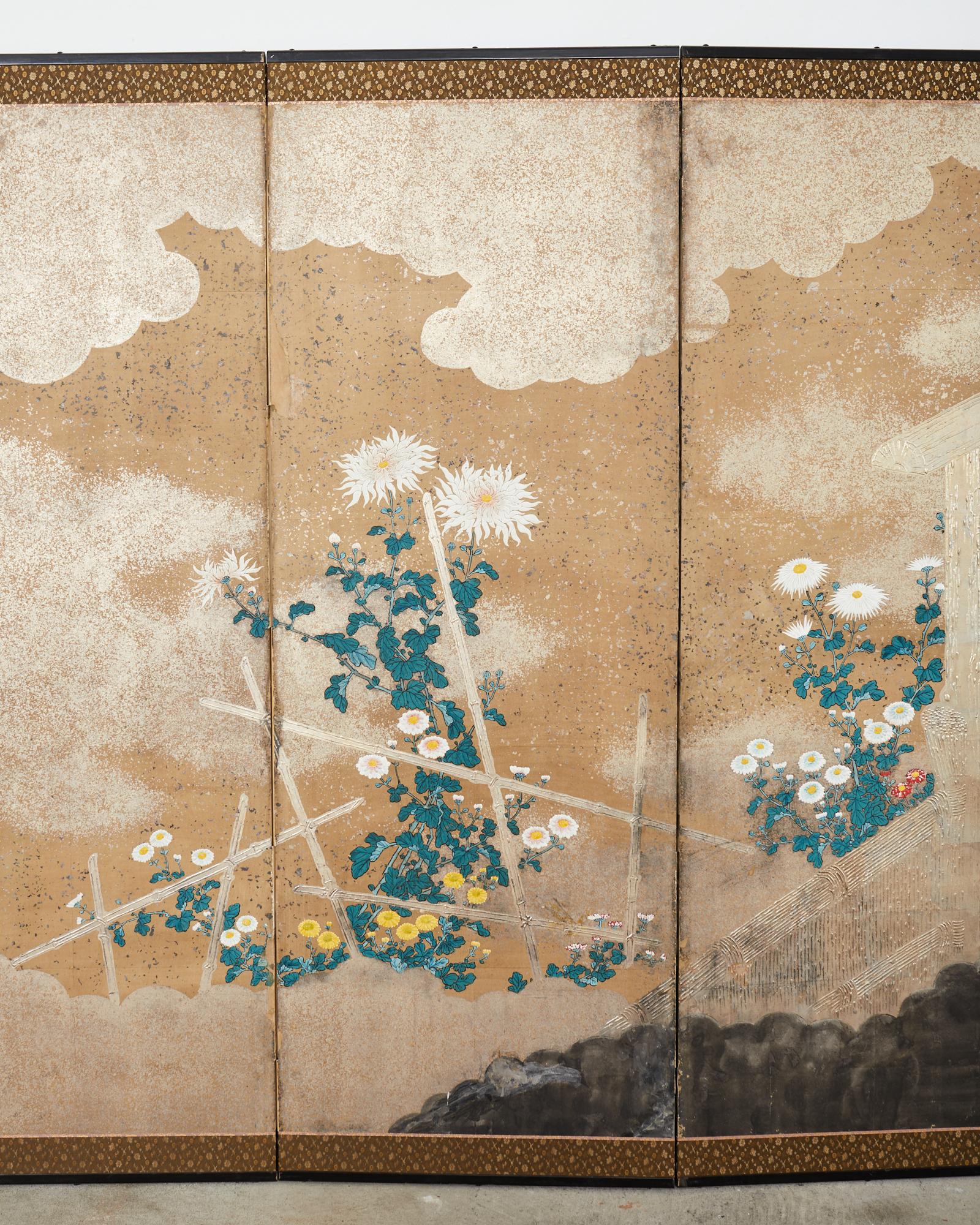 Japanese Meiji Six Panel Screen Brushwood Gate with Chrysanthemums In Good Condition For Sale In Rio Vista, CA
