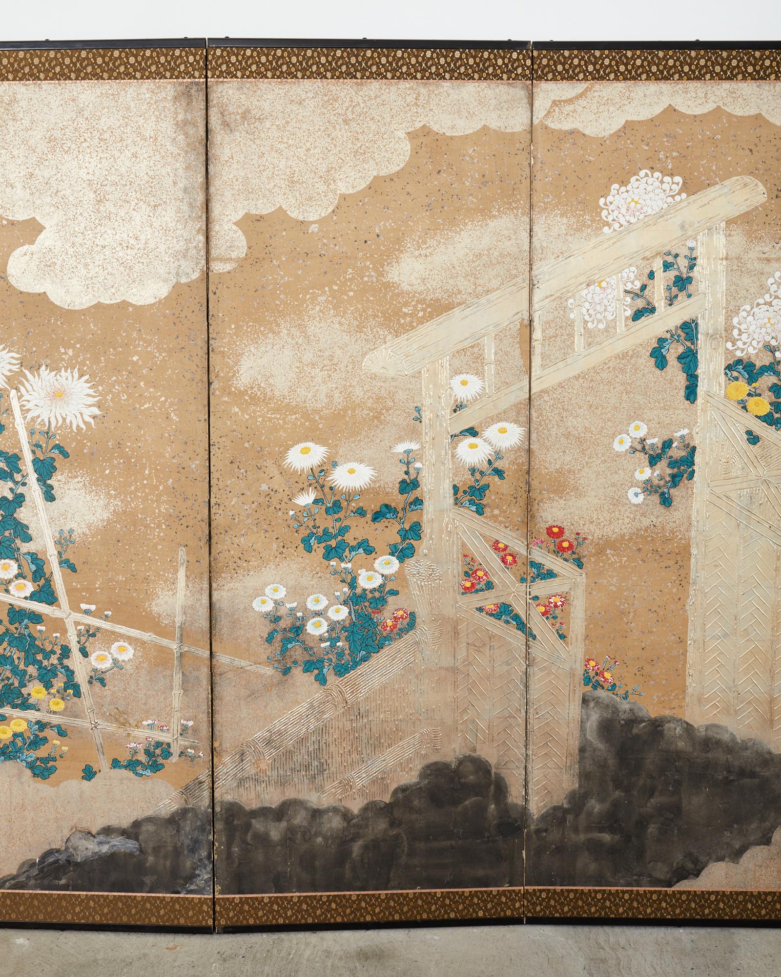 20th Century Japanese Meiji Six Panel Screen Brushwood Gate with Chrysanthemums For Sale