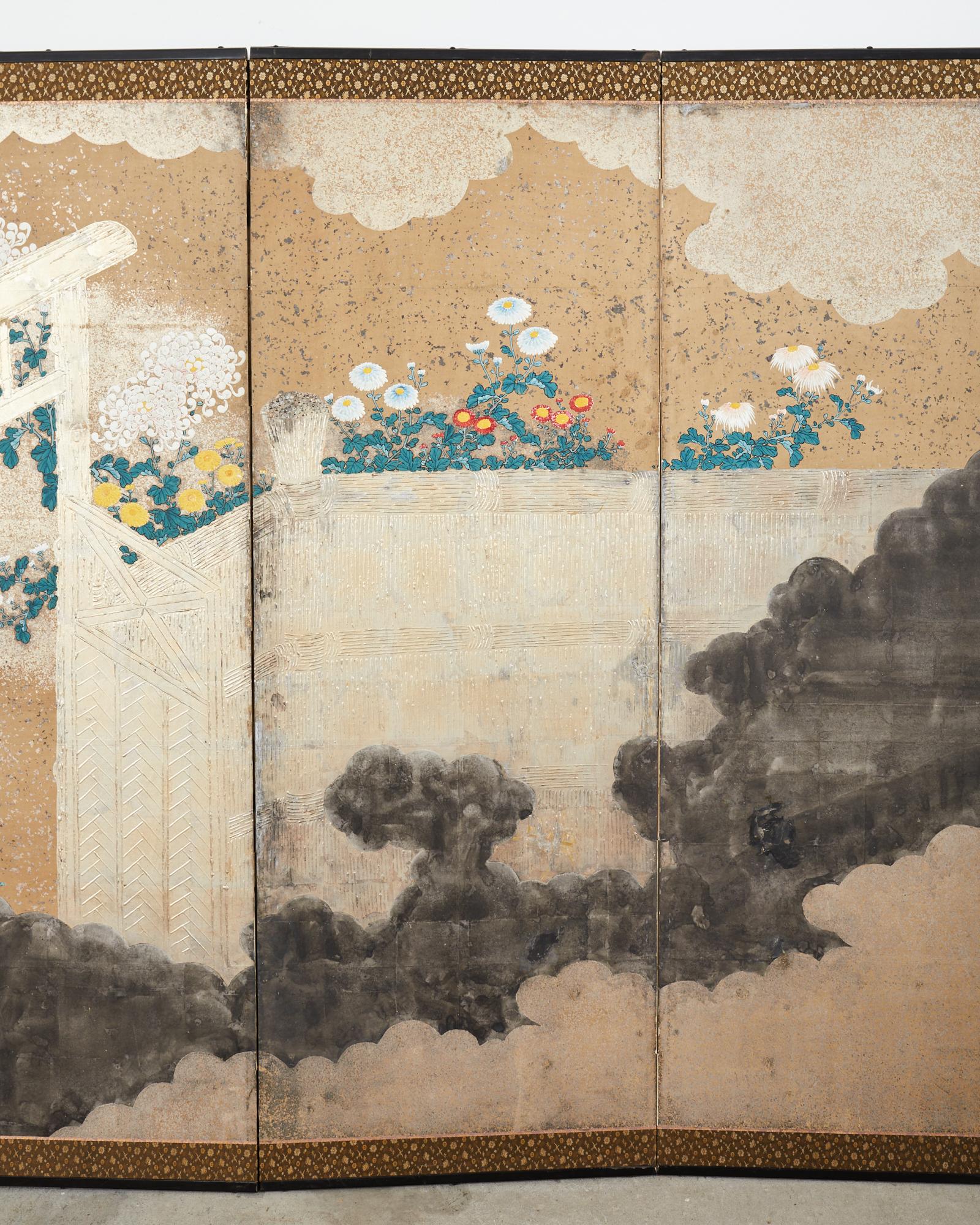 Japanese Meiji Six Panel Screen Brushwood Gate with Chrysanthemums For Sale 1