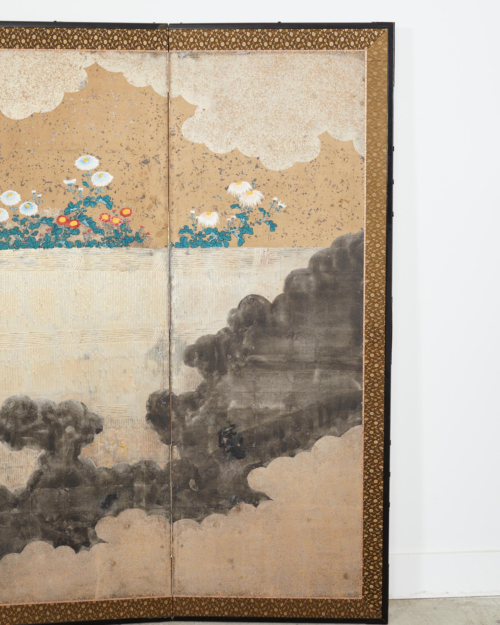 Japanese Meiji Six Panel Screen Brushwood Gate with Chrysanthemums For Sale 2