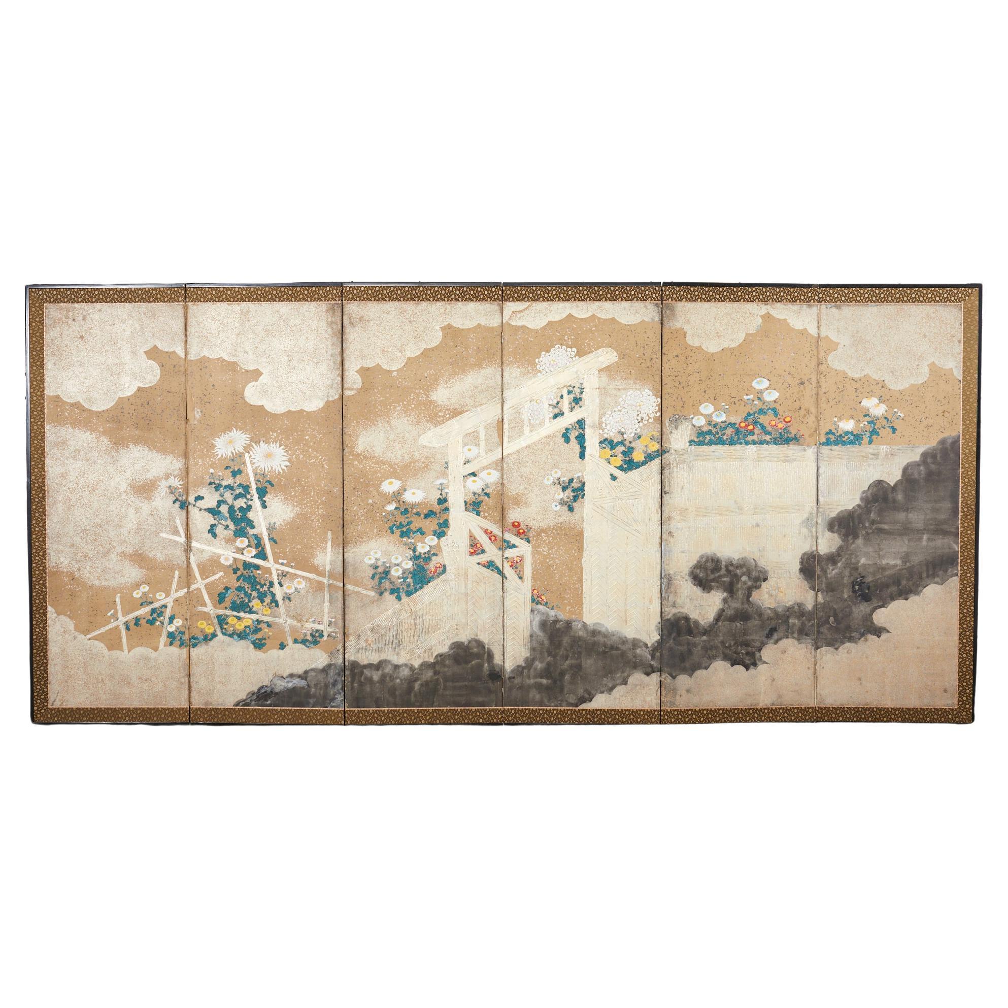 Japanese Meiji Six Panel Screen Brushwood Gate with Chrysanthemums For Sale