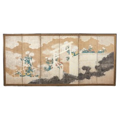 Used Japanese Meiji Six Panel Screen Brushwood Gate with Chrysanthemums