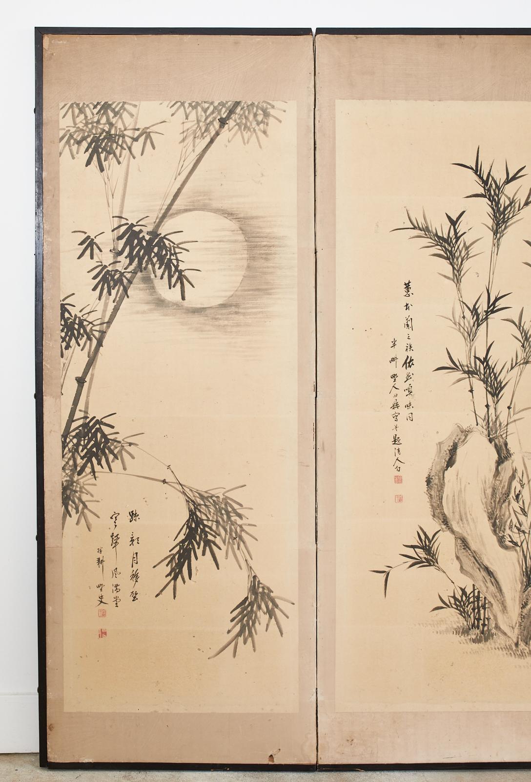 Fascinating Japanese six-panel folding byobu screen featuring six literati school painted works each signed with 2 seals. The left panel (moon) has a Chinese poetic couplet with 2 seals. The second panel has a 5 character Chinese poetic couplet with