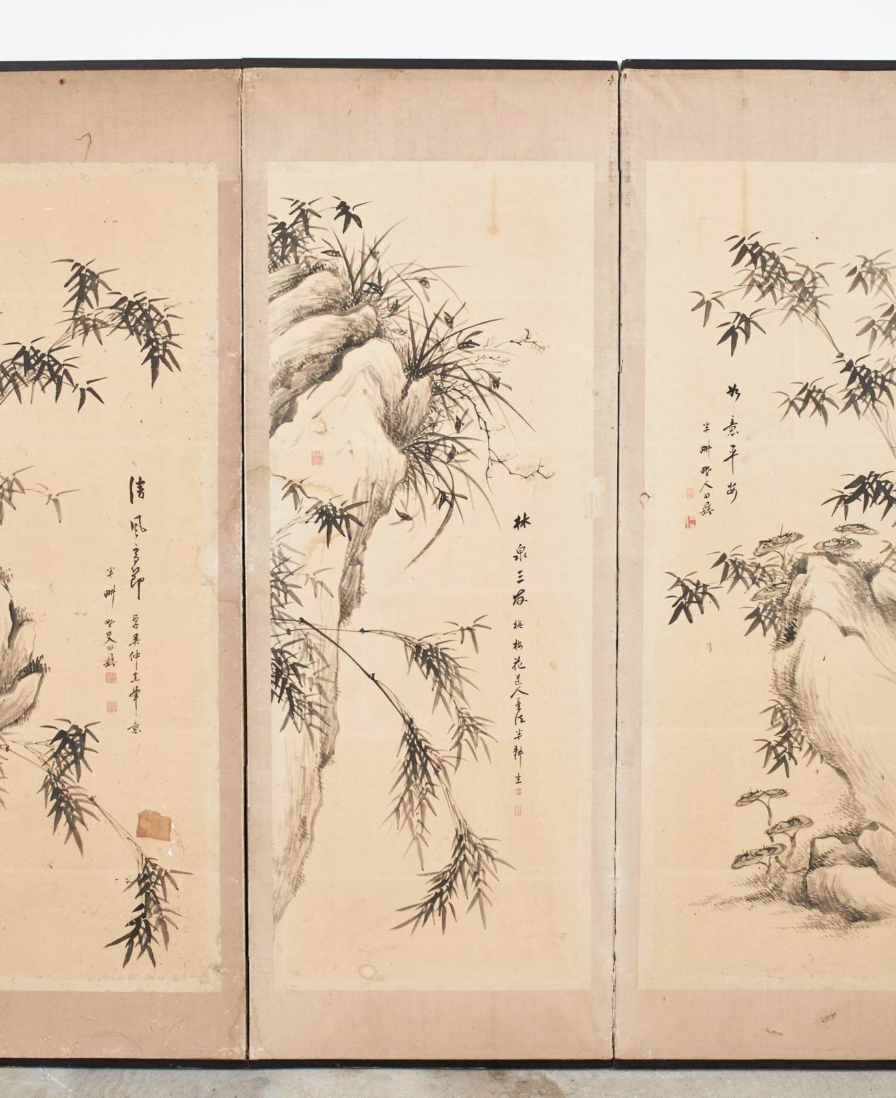 Ebonized Japanese Meiji Six Panel Screen Chinese Poems with Bamboo Landscapes