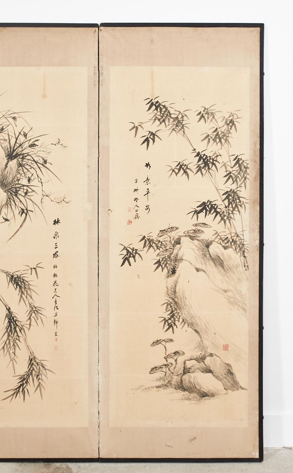 Japanese Meiji Six Panel Screen Chinese Poems with Bamboo Landscapes In Distressed Condition In Rio Vista, CA