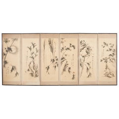 Paravent japonais Meiji à six panneaux - Poèmes chinois avec paysages en bambou
