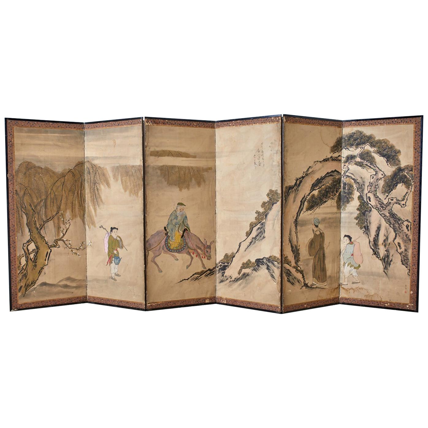 Japanese Meiji Six Panel Screen Chinese Sage on Donkey