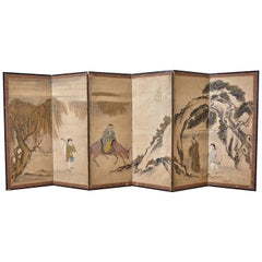 Antique Japanese Meiji Six Panel Screen Chinese Sage on Donkey