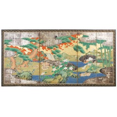Antique Japanese Meiji Six Panel Screen Ducks in Autumn Landscape