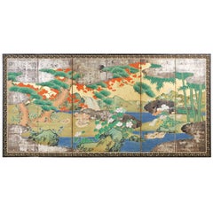 Japanese Meiji Six Panel Screen Ducks in Autumn Landscape