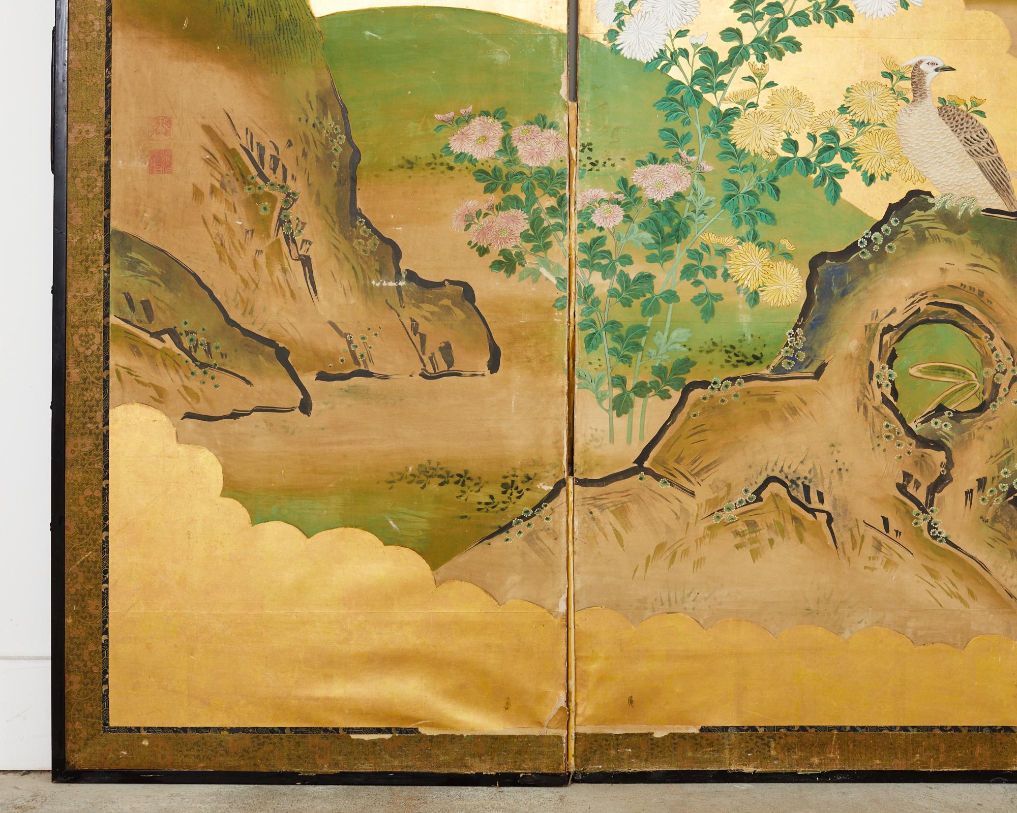 Japanese Meiji Six Panel Screen Kano School Bird Waterscape For Sale 8