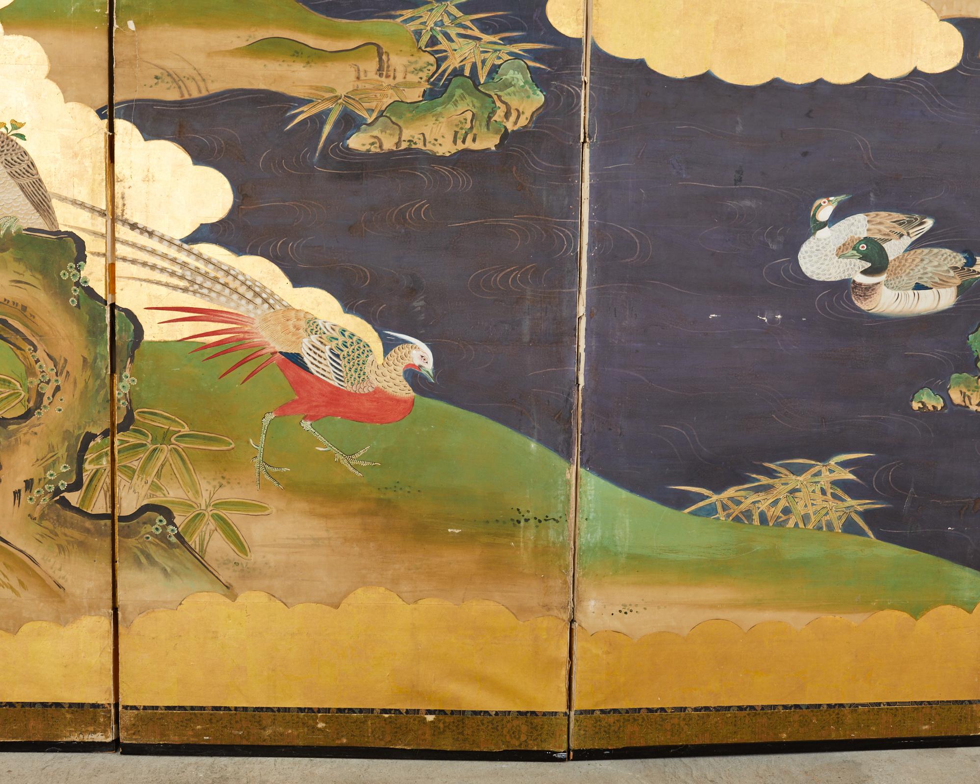Japanese Meiji Six Panel Screen Kano School Bird Waterscape For Sale 9