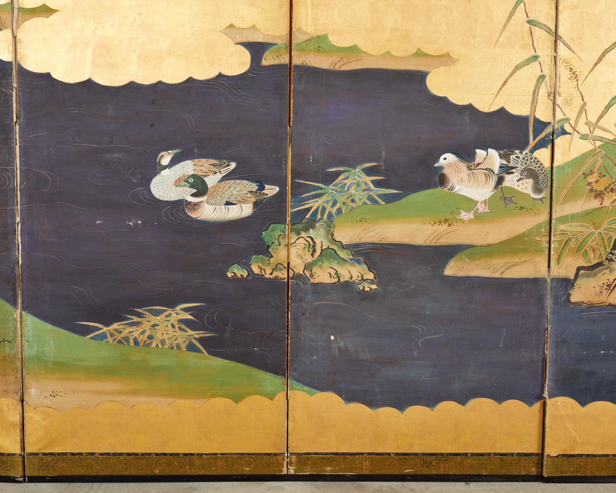 Japanese Meiji Six Panel Screen Kano School Bird Waterscape For Sale 10
