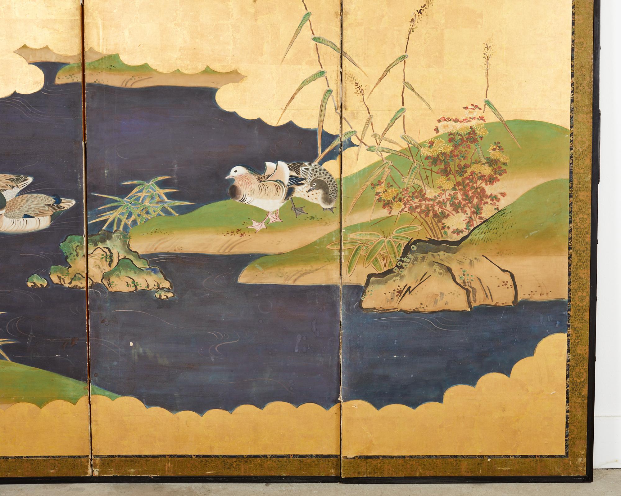 Japanese Meiji Six Panel Screen Kano School Bird Waterscape For Sale 11
