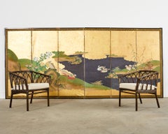 Japanese Meiji Six Panel Screen Kano School Bird Waterscape
