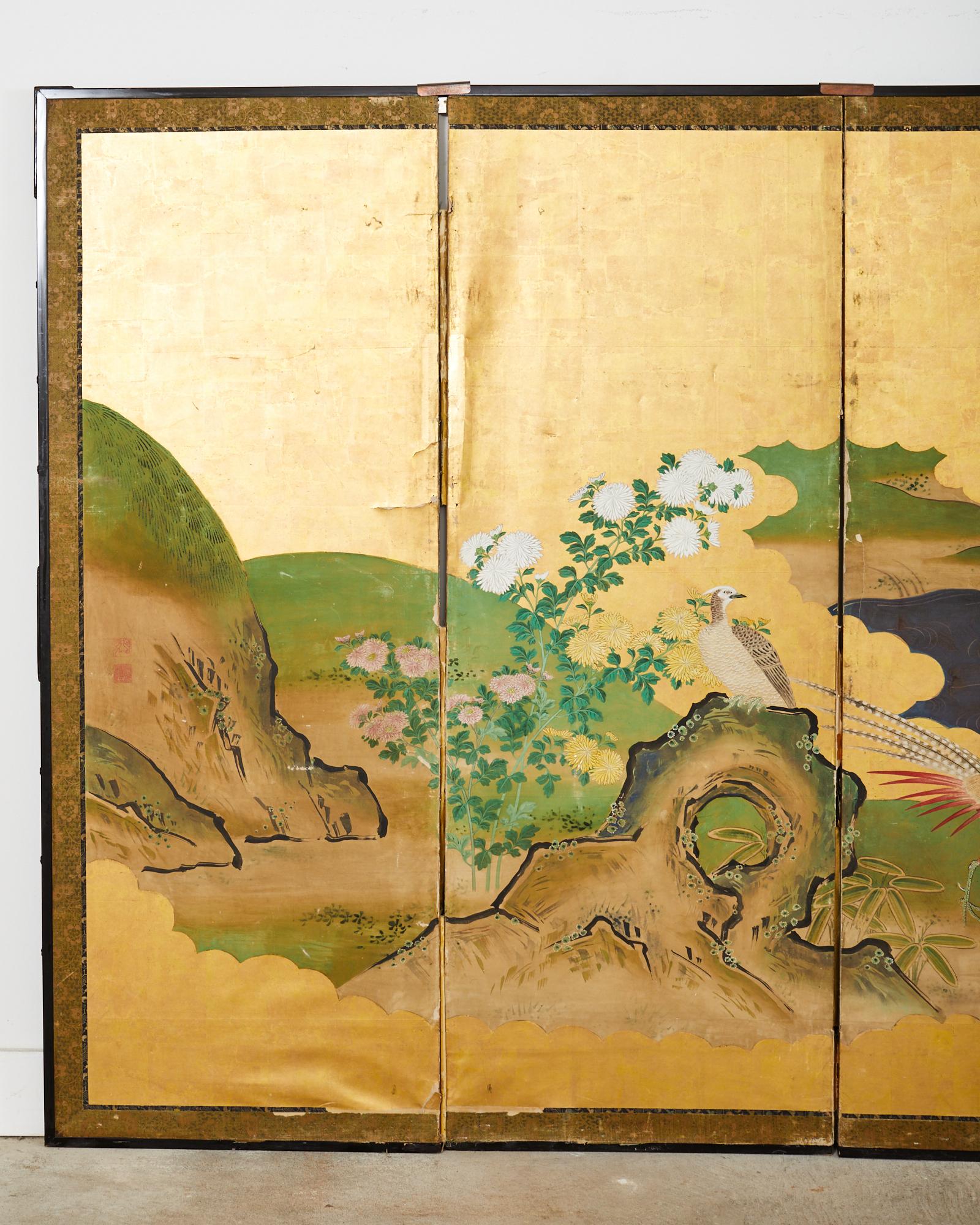 Japanese Meiji Six Panel Screen Kano School Bird Waterscape In Distressed Condition For Sale In Rio Vista, CA