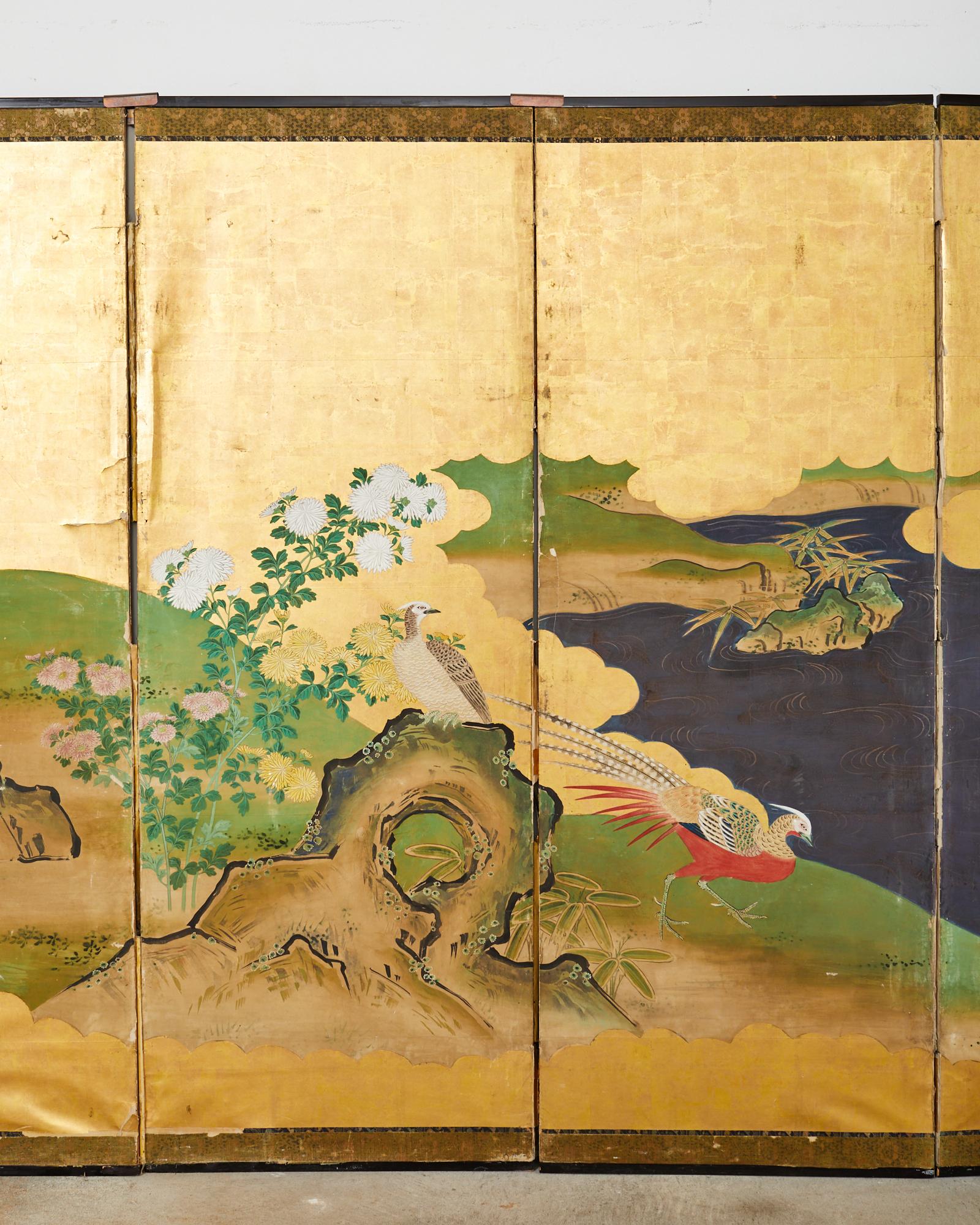 19th Century Japanese Meiji Six Panel Screen Kano School Bird Waterscape For Sale
