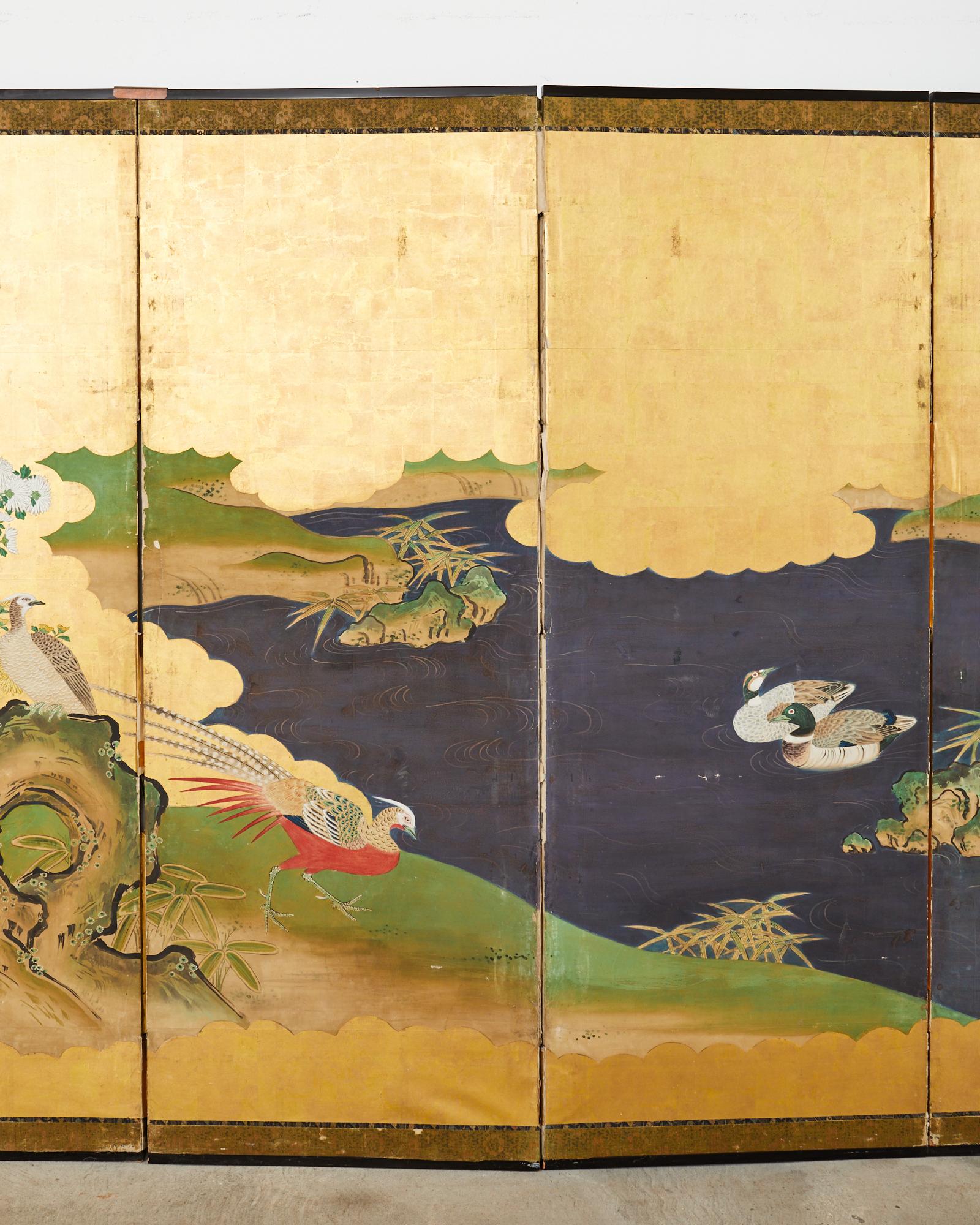Brass Japanese Meiji Six Panel Screen Kano School Bird Waterscape For Sale