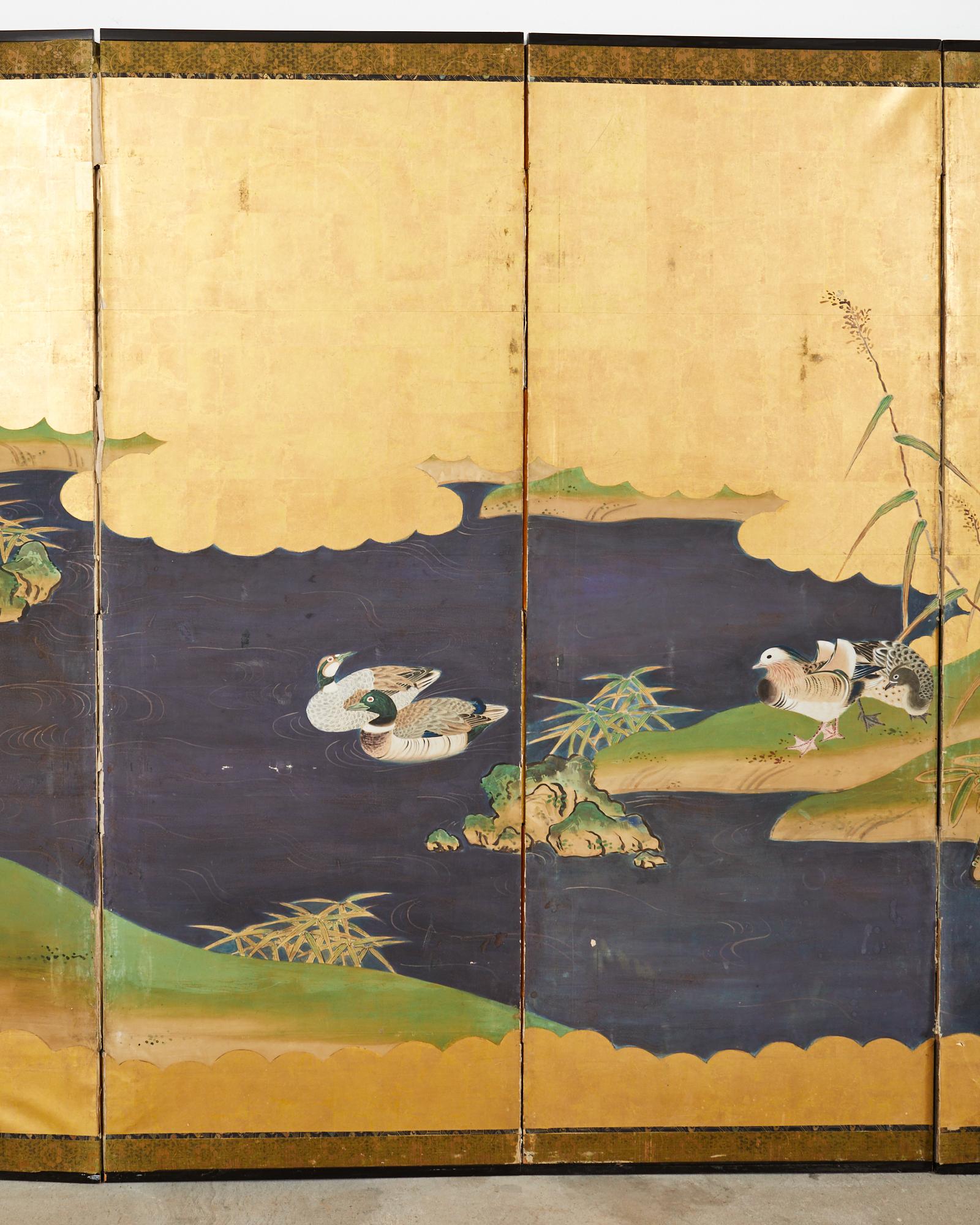 Japanese Meiji Six Panel Screen Kano School Bird Waterscape For Sale 1