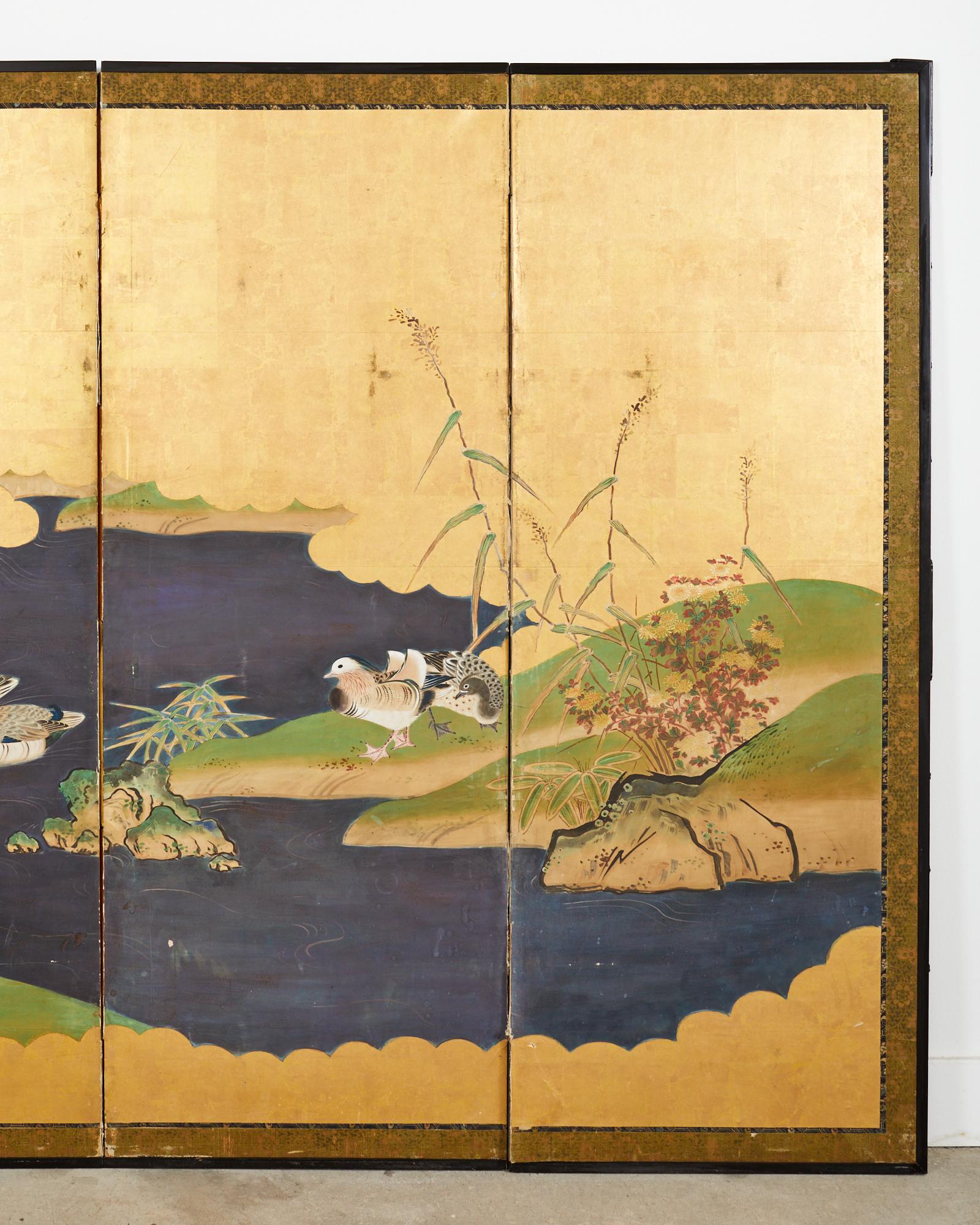 Japanese Meiji Six Panel Screen Kano School Bird Waterscape For Sale 2