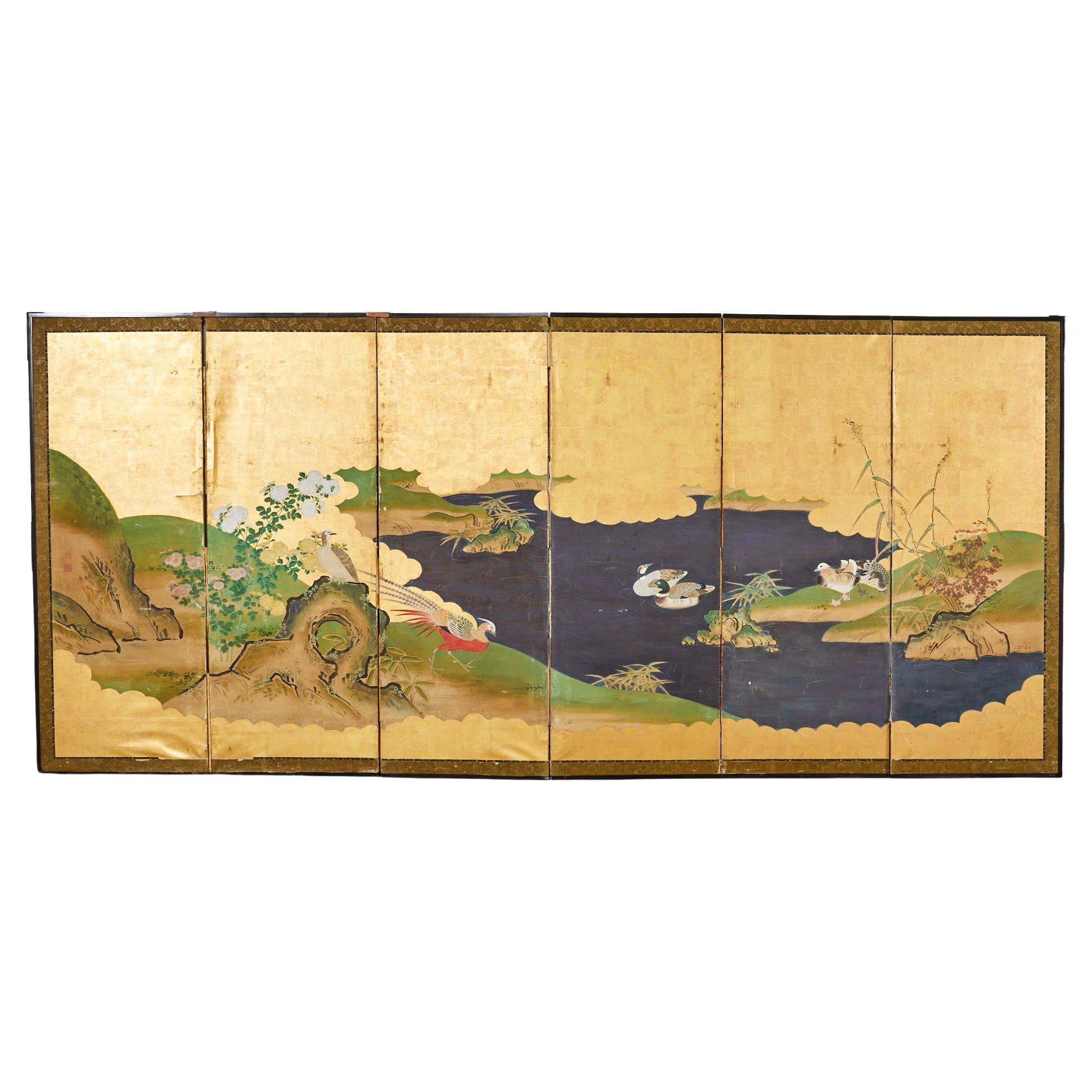Japanese Meiji Six Panel Screen Kano School Bird Waterscape For Sale