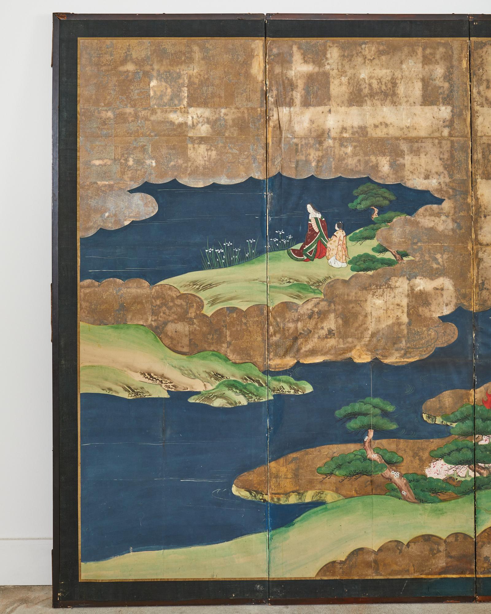 Hand-Crafted Japanese Meiji Six Panel Screen Tale of Genji Episodes