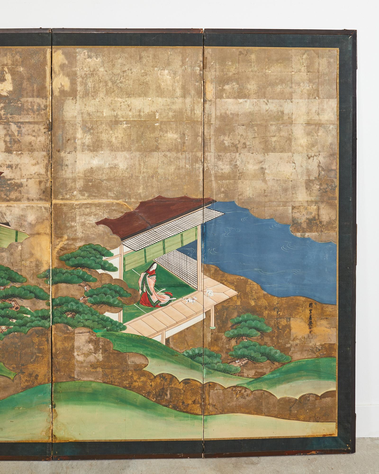 20th Century Japanese Meiji Six Panel Screen Tale of Genji Episodes