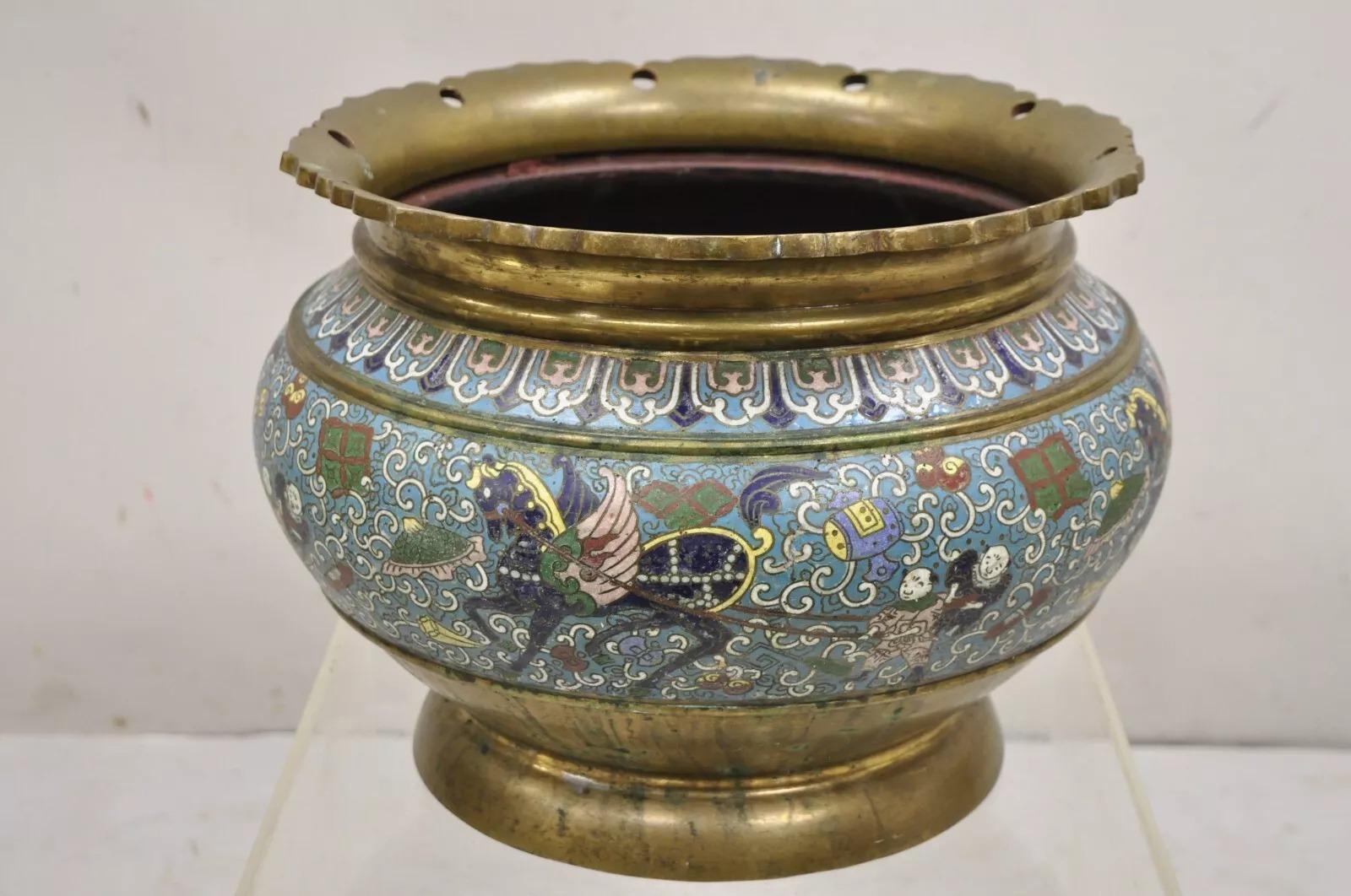 Japanese Meiji Style Cloisonné Champleve Enameled Bronze Jardiniere Planter Bowl For Sale 3