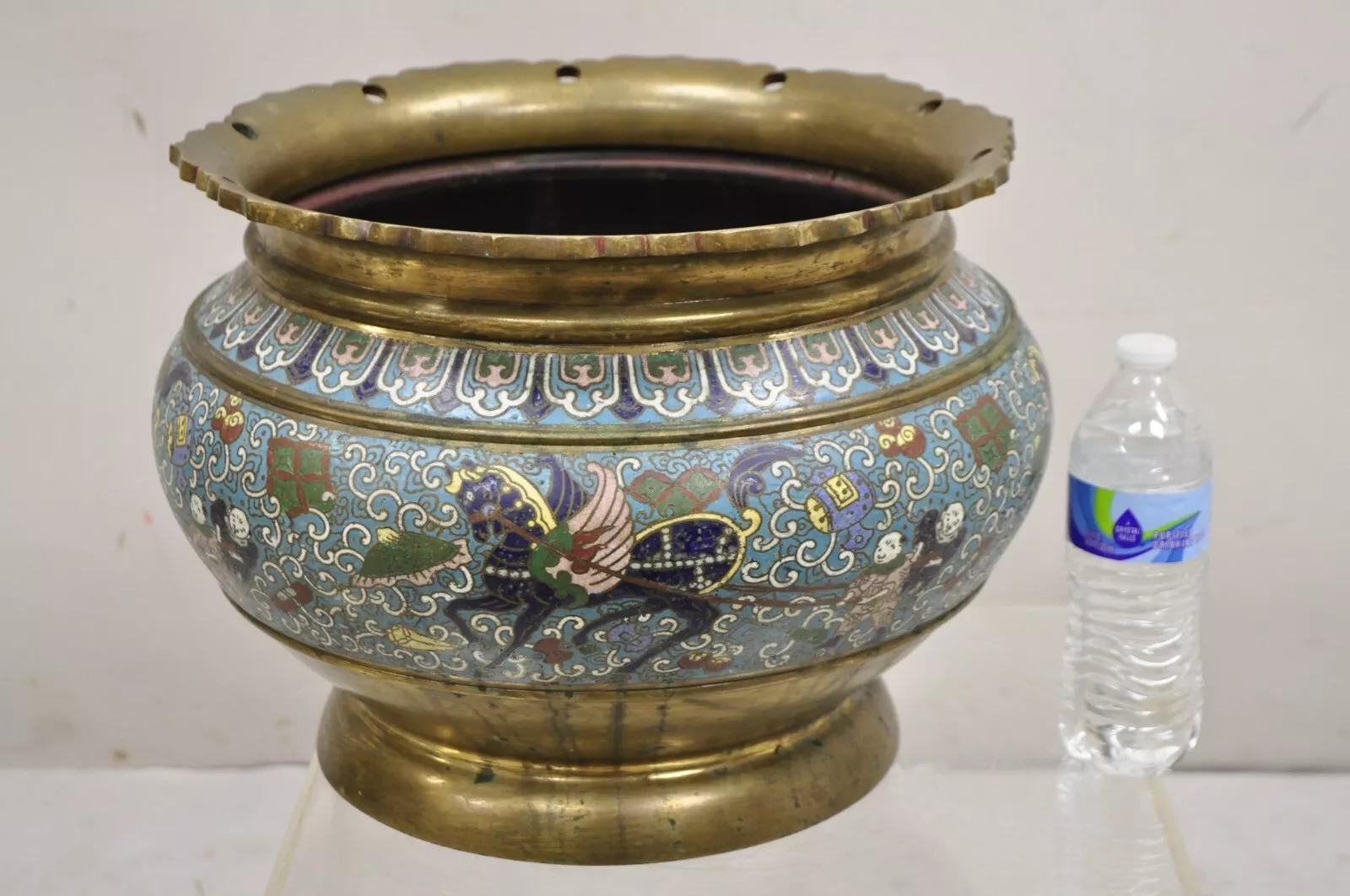 Japanese Meiji Style Cloisonné Champleve Enameled Bronze Jardiniere Planter Bowl with Repeating Winged Horse and Male Figures. Circa Mid 20th Century. Measurements: 12