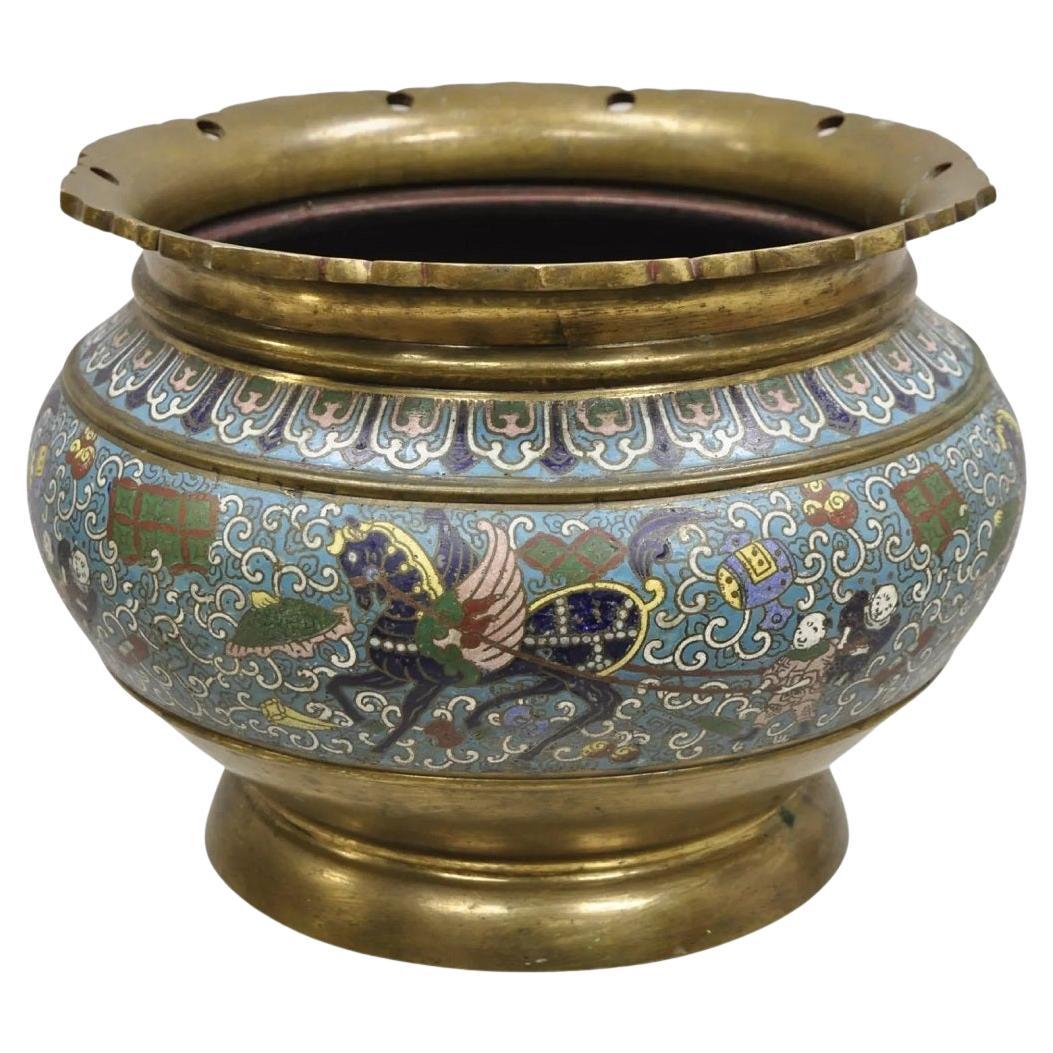 Jardiniere japonaise de style Meiji Cloisonné Champleve Bronze émaillé Jardiniere Planter Bowl