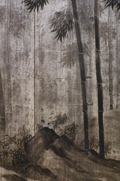 Japanese Meiji Sumi-e Silver Leaf Painted Screen