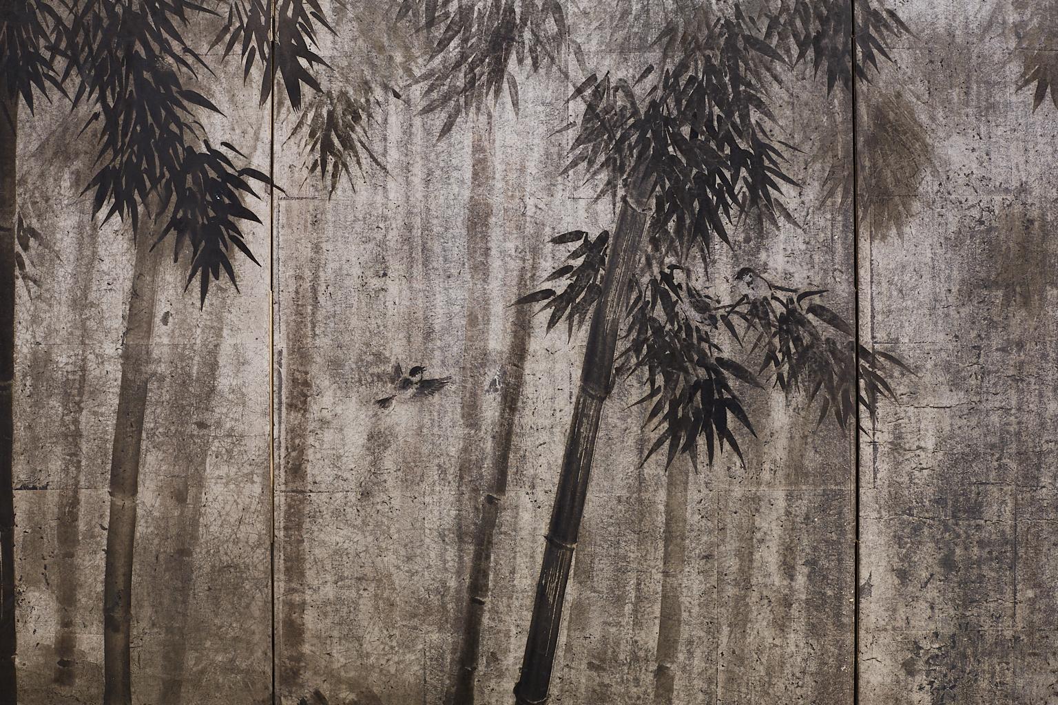 Ebonized Japanese Meiji Sumi-e Silver Leaf Painted Screen