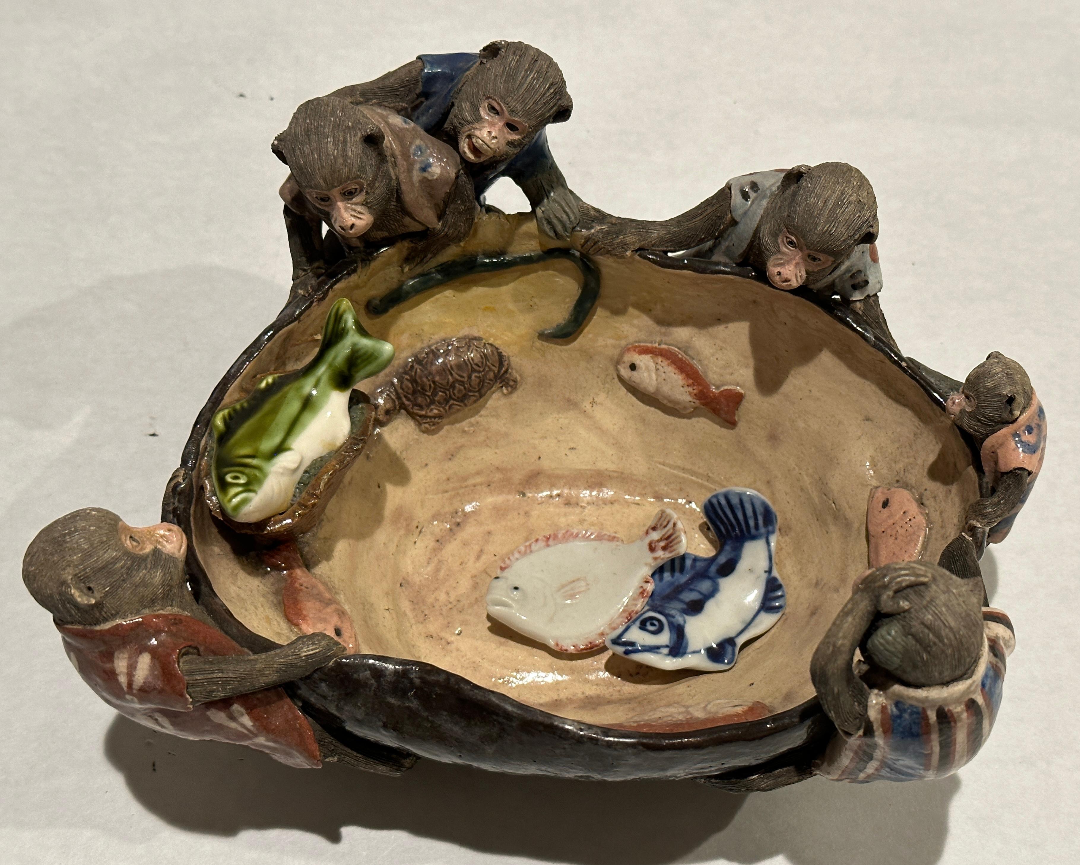 Glazed Japanese Meiji Sumida Gawa Bowl With Monkeys